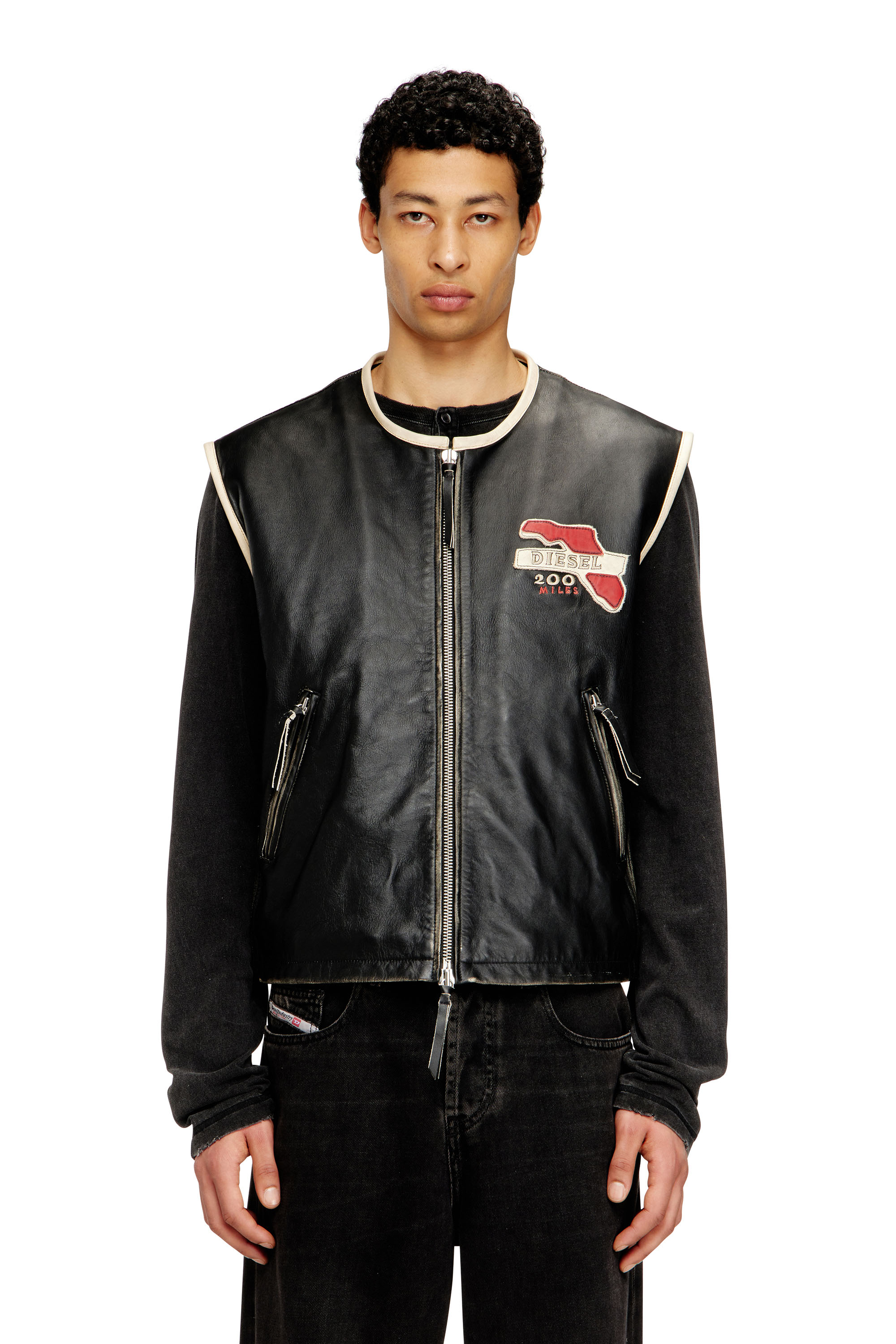 Diesel Men's Black - Leather Vest With Embroidered Patches - Vests - Man Size 46