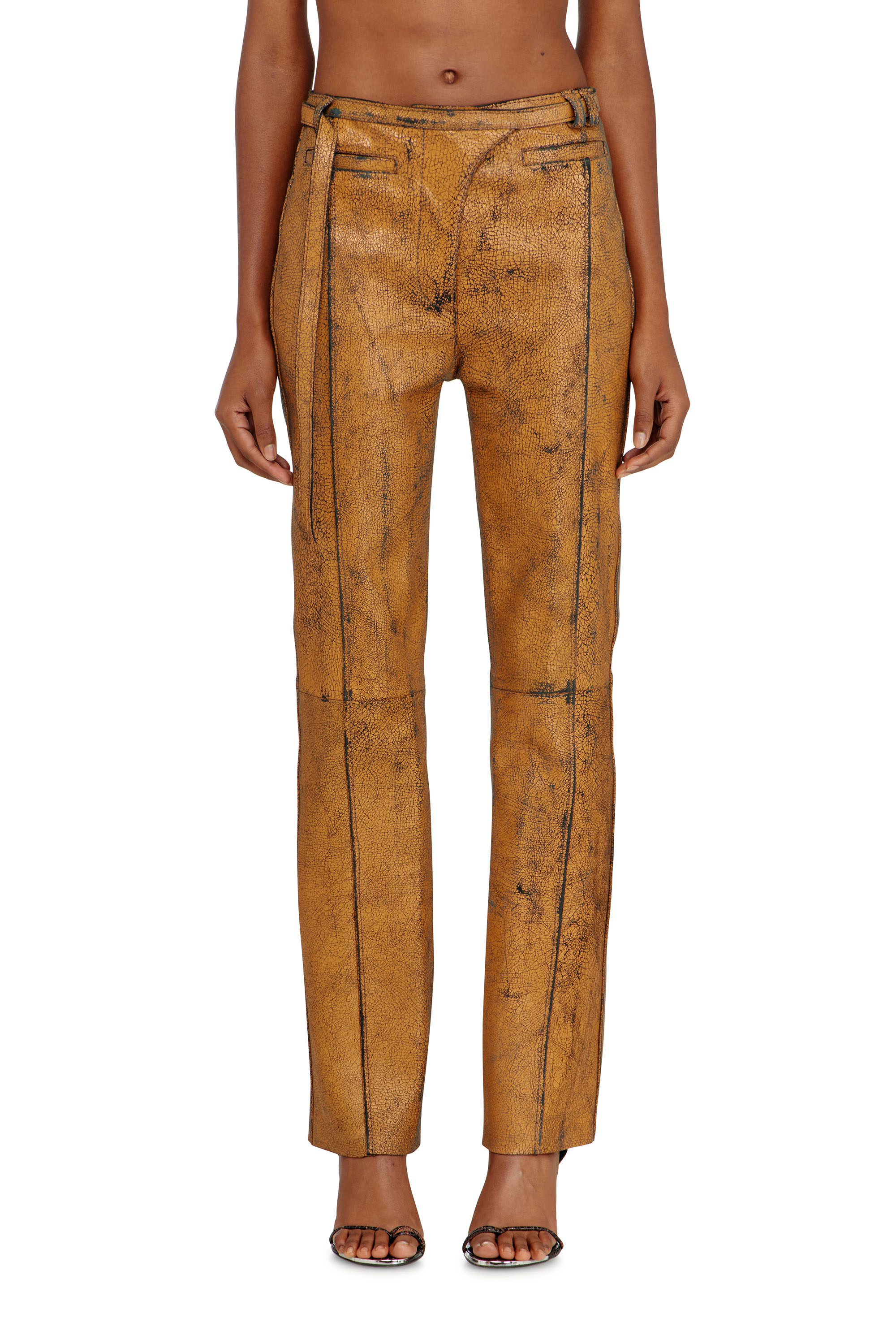 Diesel - L-CROC, Woman's Leather pants with crackled effect in Brown - 2