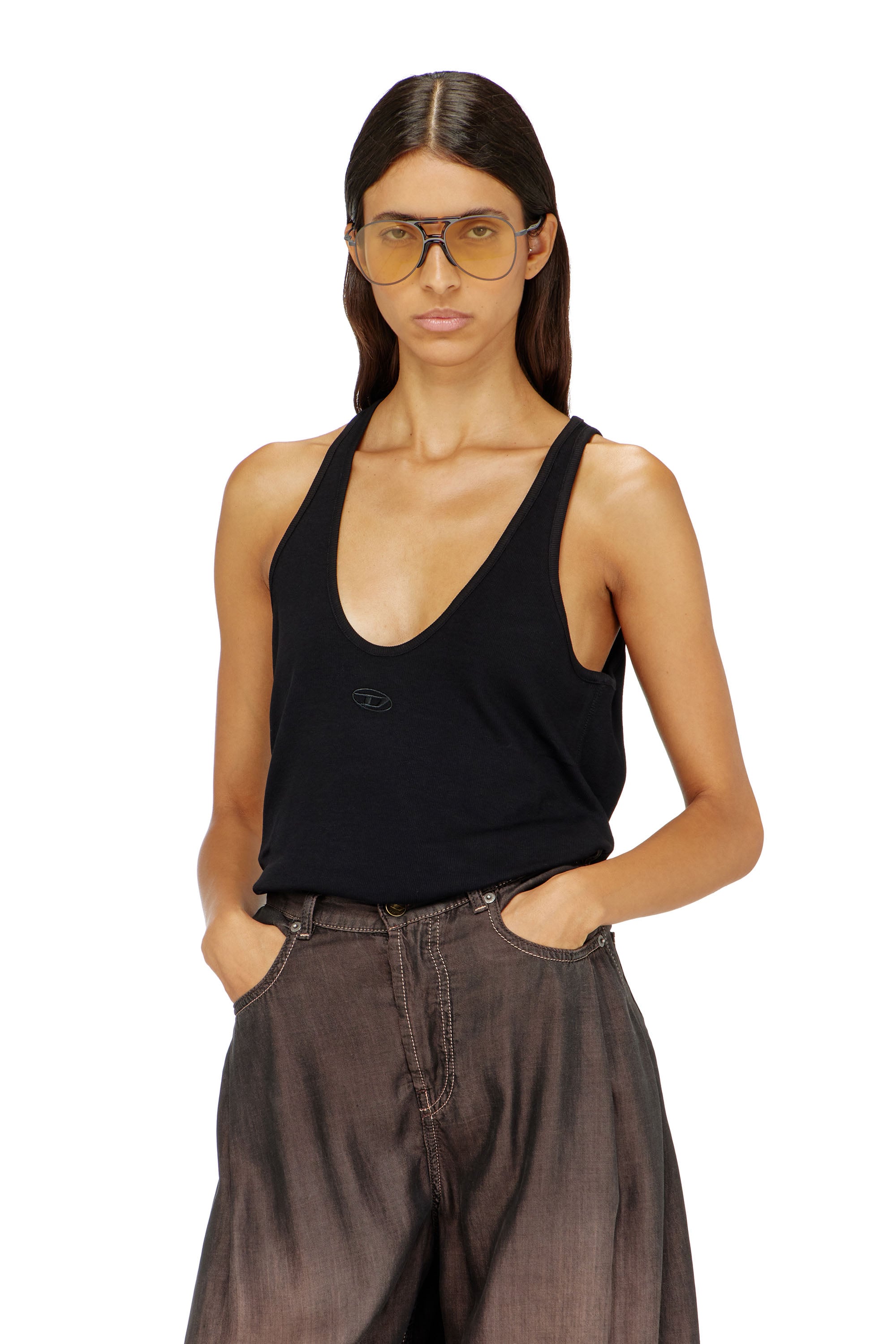 Diesel Mulher Preto - Ribbed Tank Top With Oval D - T-Shirts - Woman Extra Pequeno