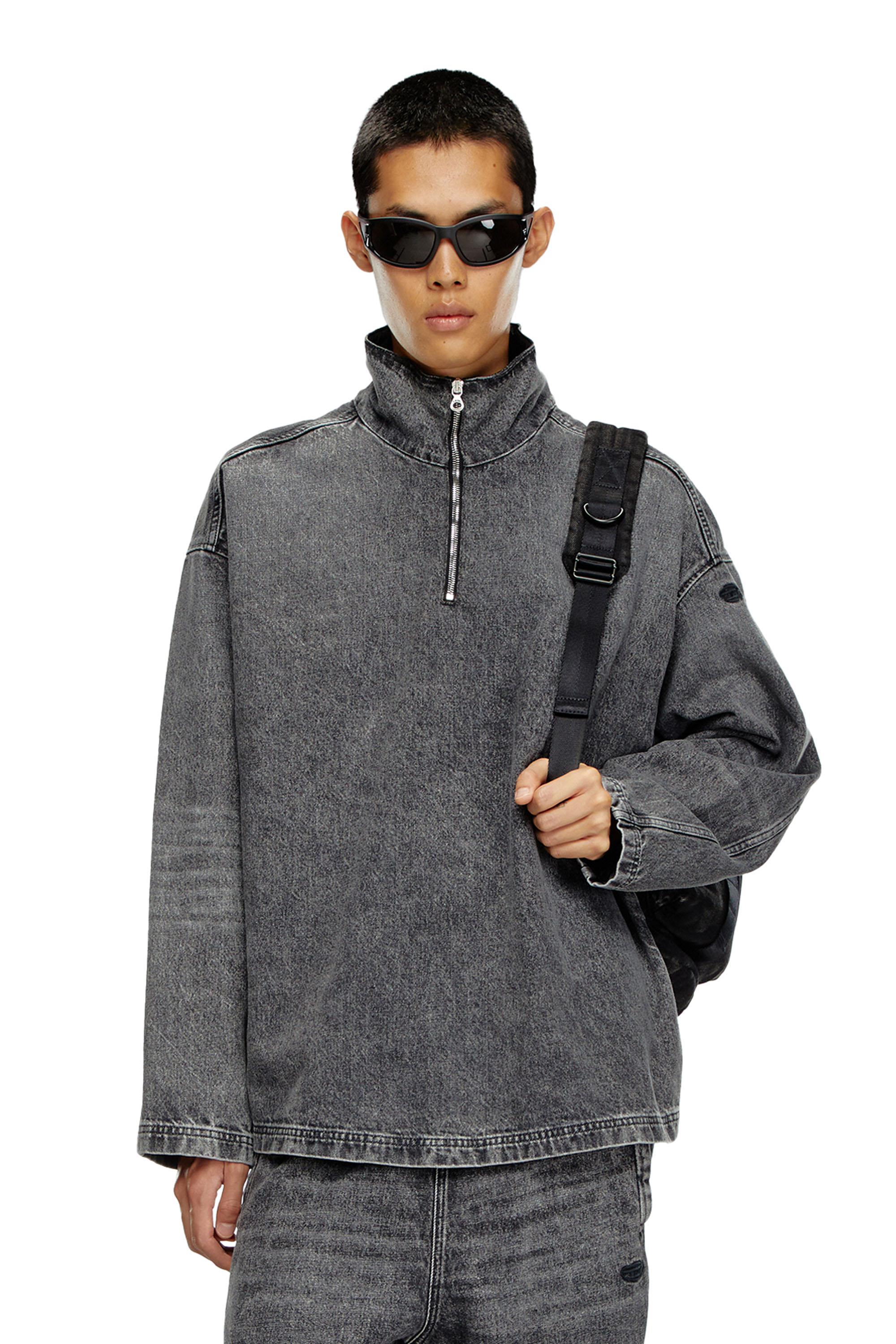 Diesel - Denim pullover with nylon inserts - T-Shirts - Man - Black