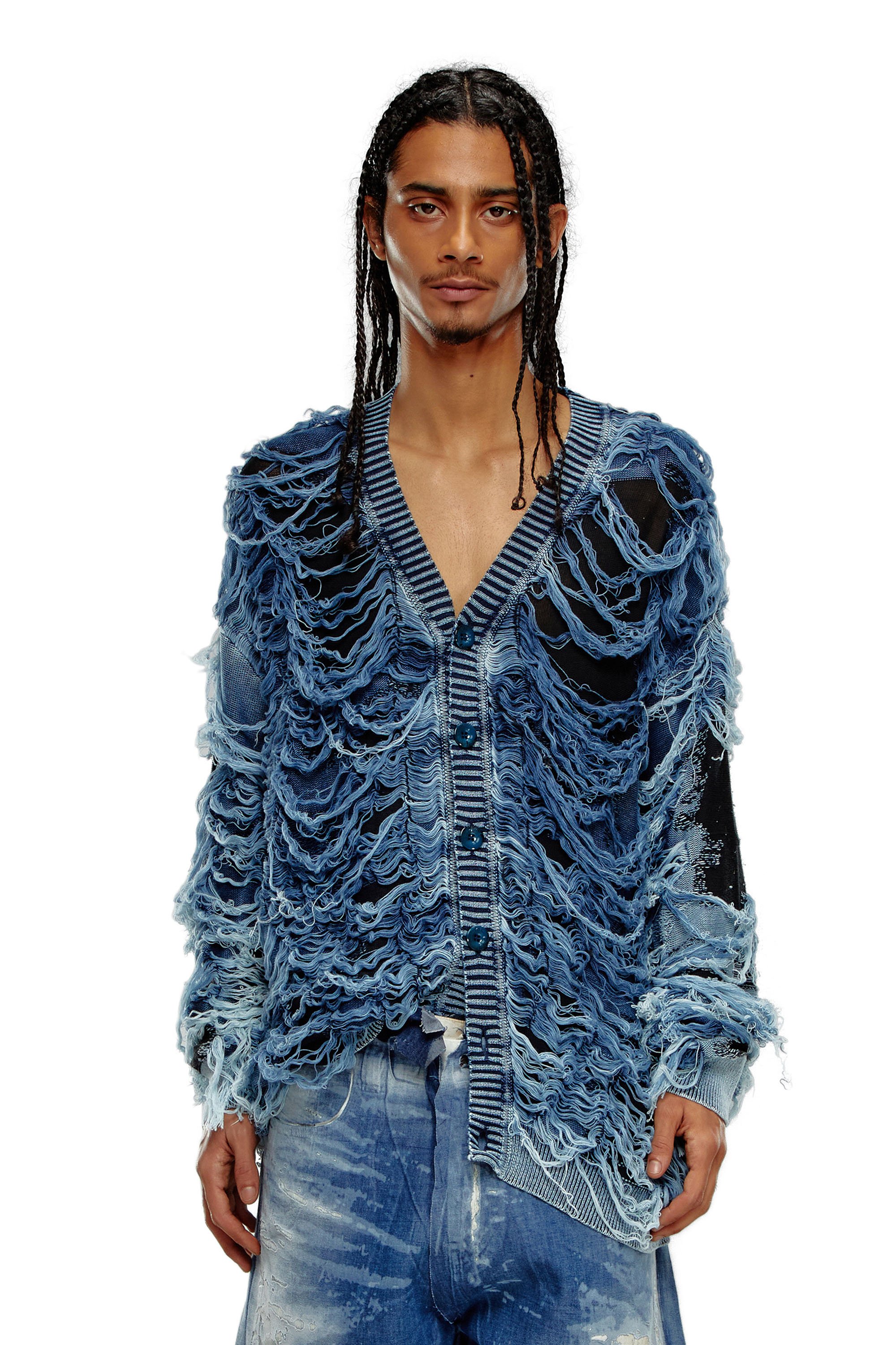 Diesel - Destroyed indigo V-neck cardigan - Knitwear - Man - Multicolor