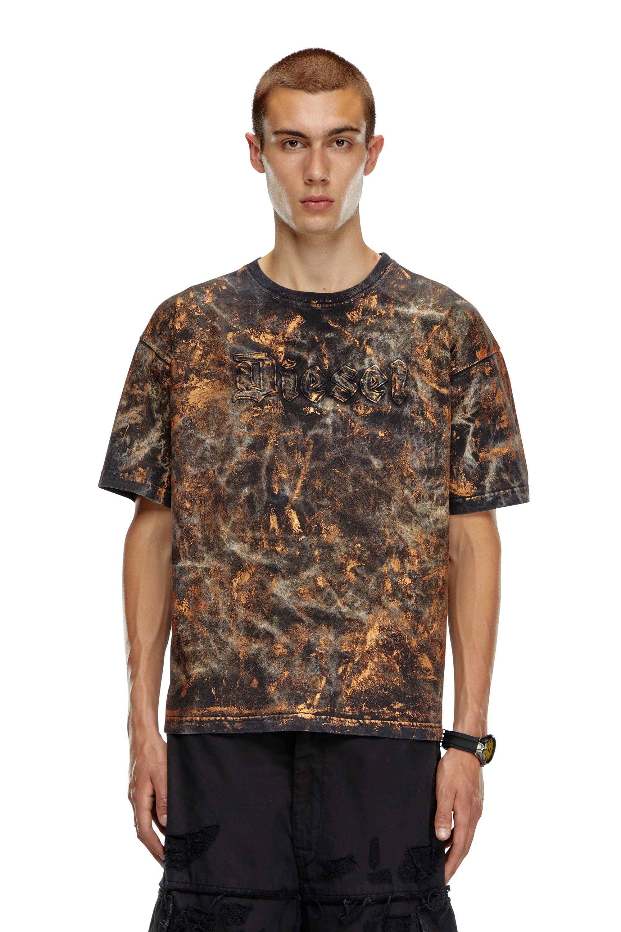 Shop Diesel Dirty-effect T-shirt With Logo Lettering In Brown