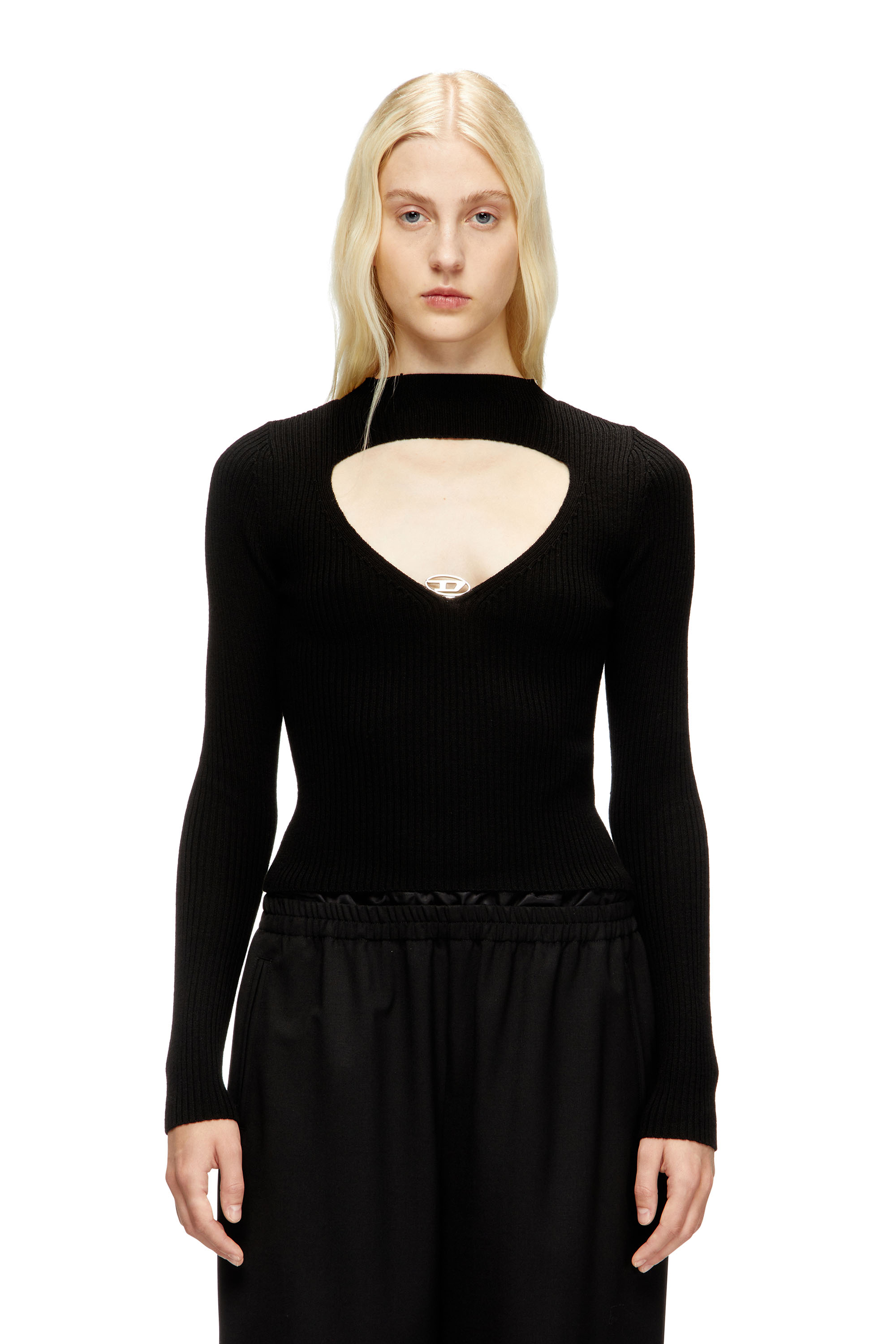 Diesel Ženský Čierna - Ribbed Wool Jumper With Cut-Out - T-Shirts - Woman Médium