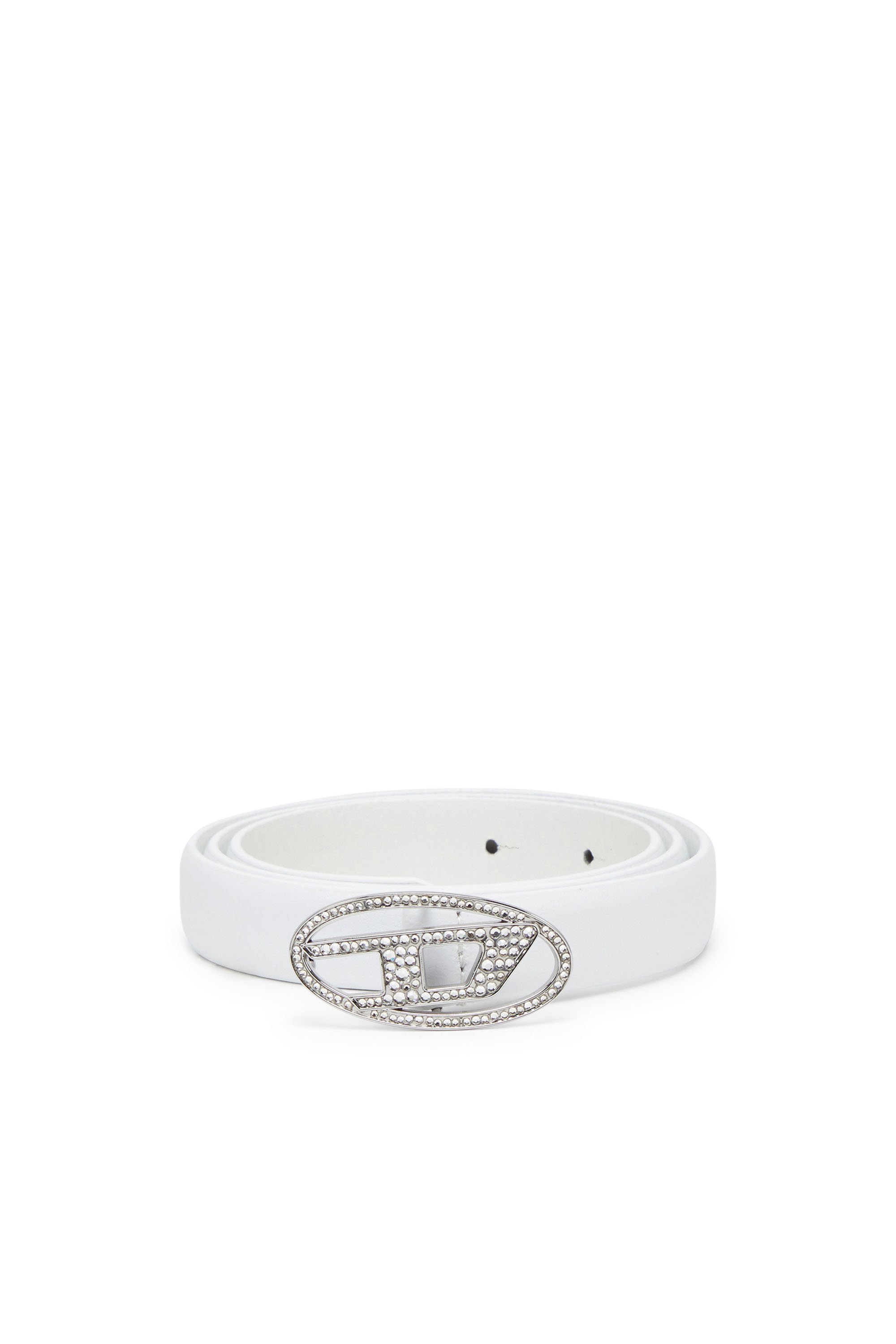 Shop Diesel Slim Leather Belt With Crystal Buckle In White