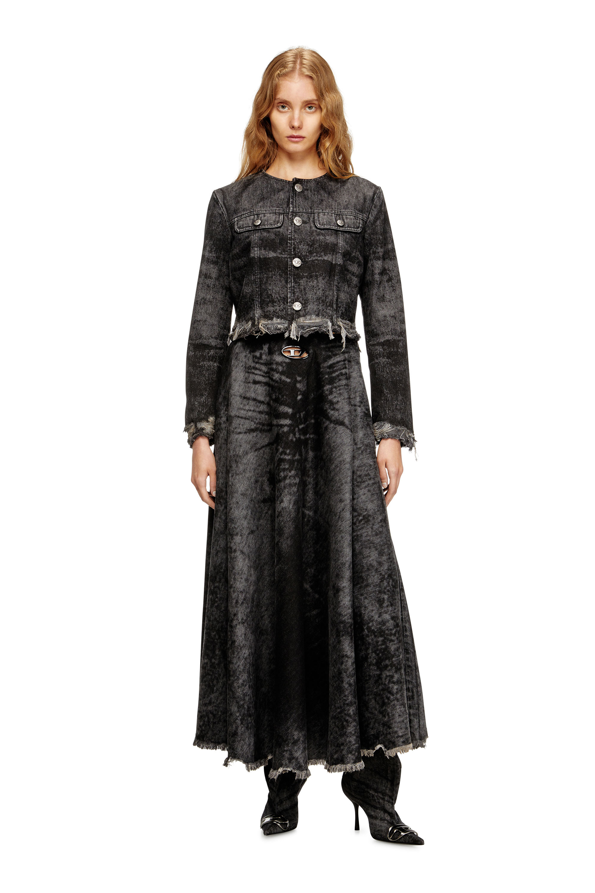 Diesel - DE-HANNIE-FSH, Woman's Full skirt in lasered cotton-hemp denim in Black - 2