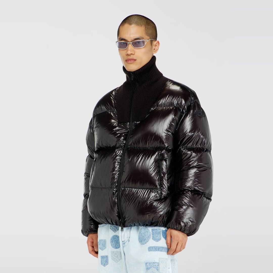 Diesel - Down puffer jacket in ripstop with ribbed collar - Winter Jackets - Man - Black
