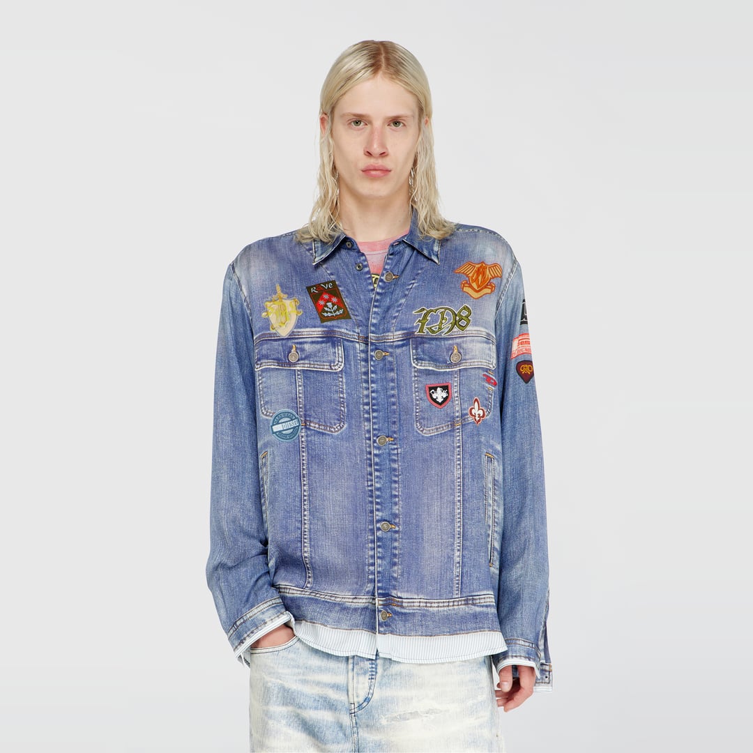 Diesel - Satin shirt with trompe-l'oeil denim print - Shirts - Man - Blue