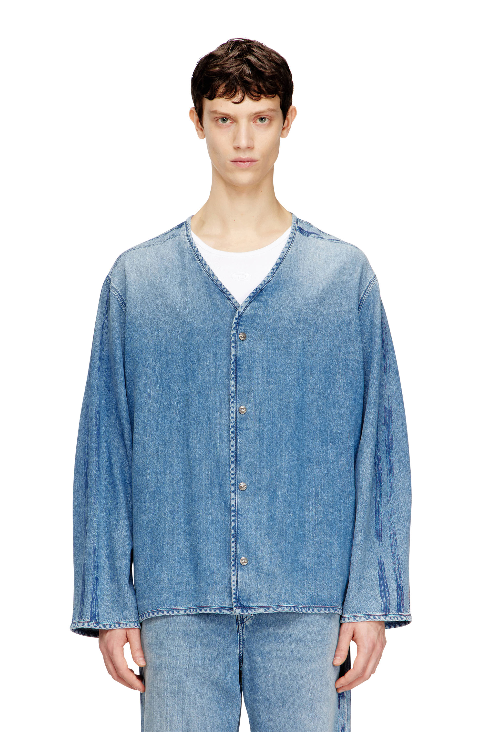 Diesel Men's Blue - V-Neck Shirt In Fluid Denim With Stripes - T-Shirts - Man Large