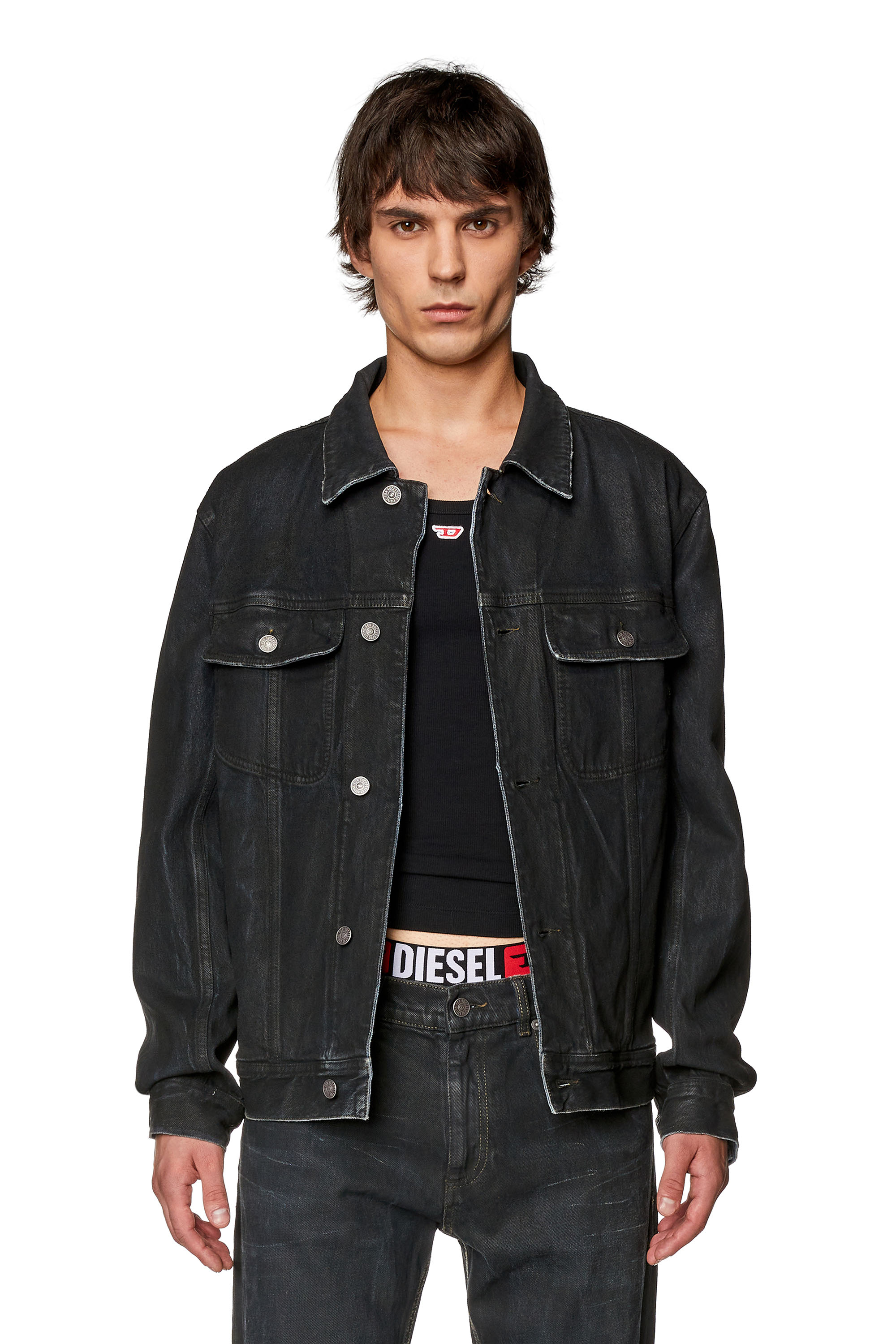 Diesel - Regular-fit trucker jacket in coated denim - Denim Jackets - Man - Black