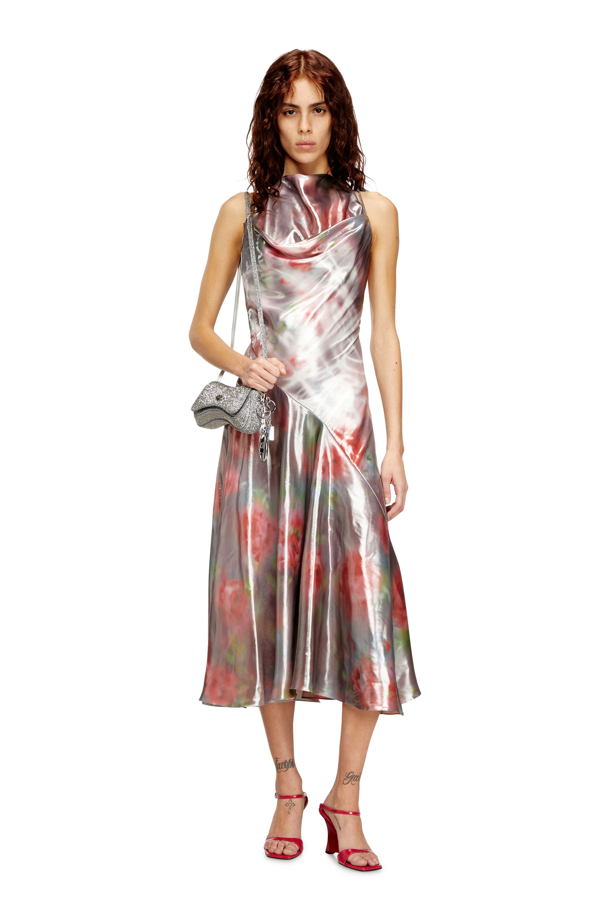 Diesel - D-EBRA, Woman's Metallic midi dress with rose print in Grey/Pink - 1
