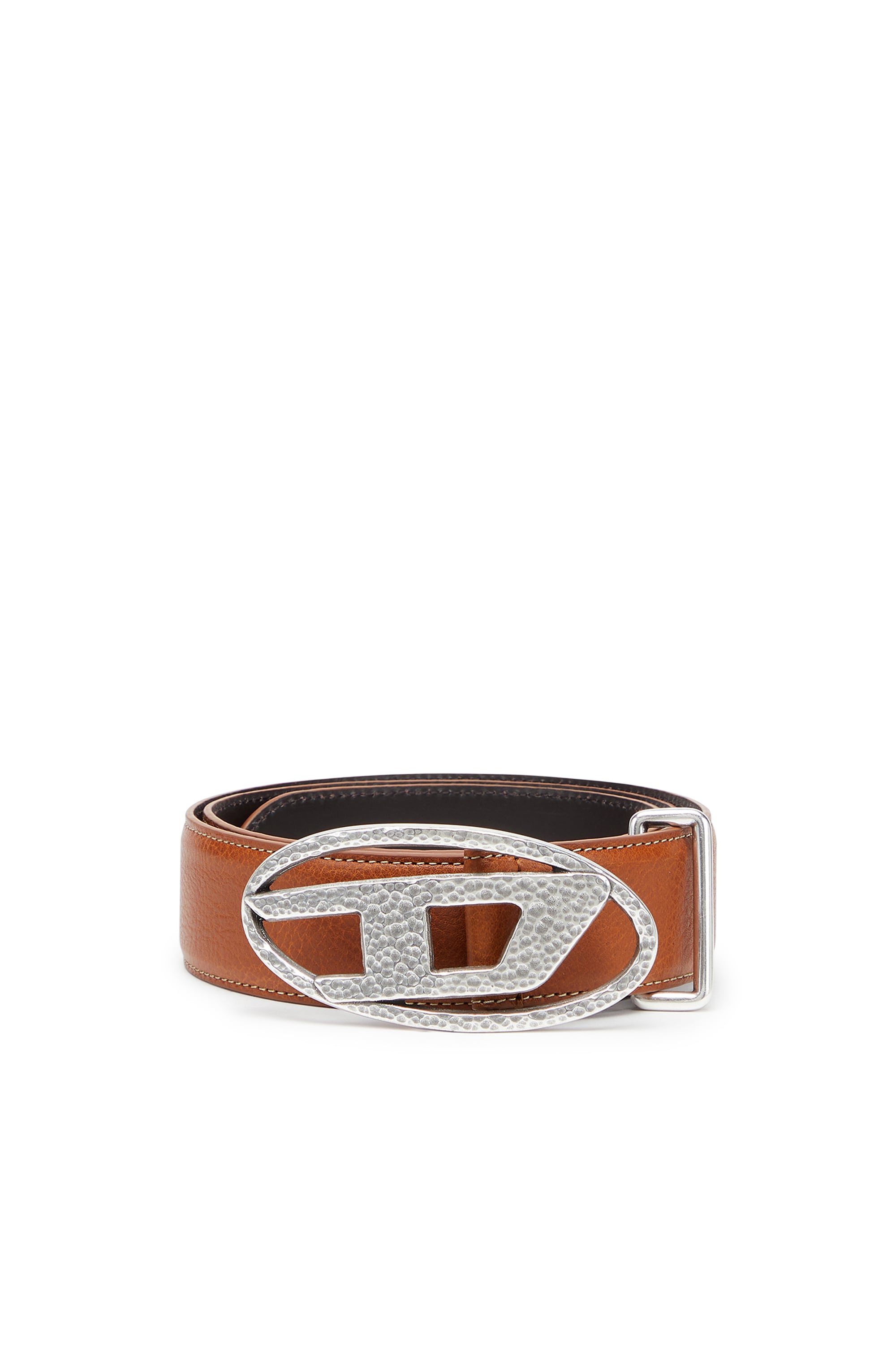 Diesel Unisex Brown - 4Cm Leather Belt With Hammered Oval D Buckle - Belts Size 90