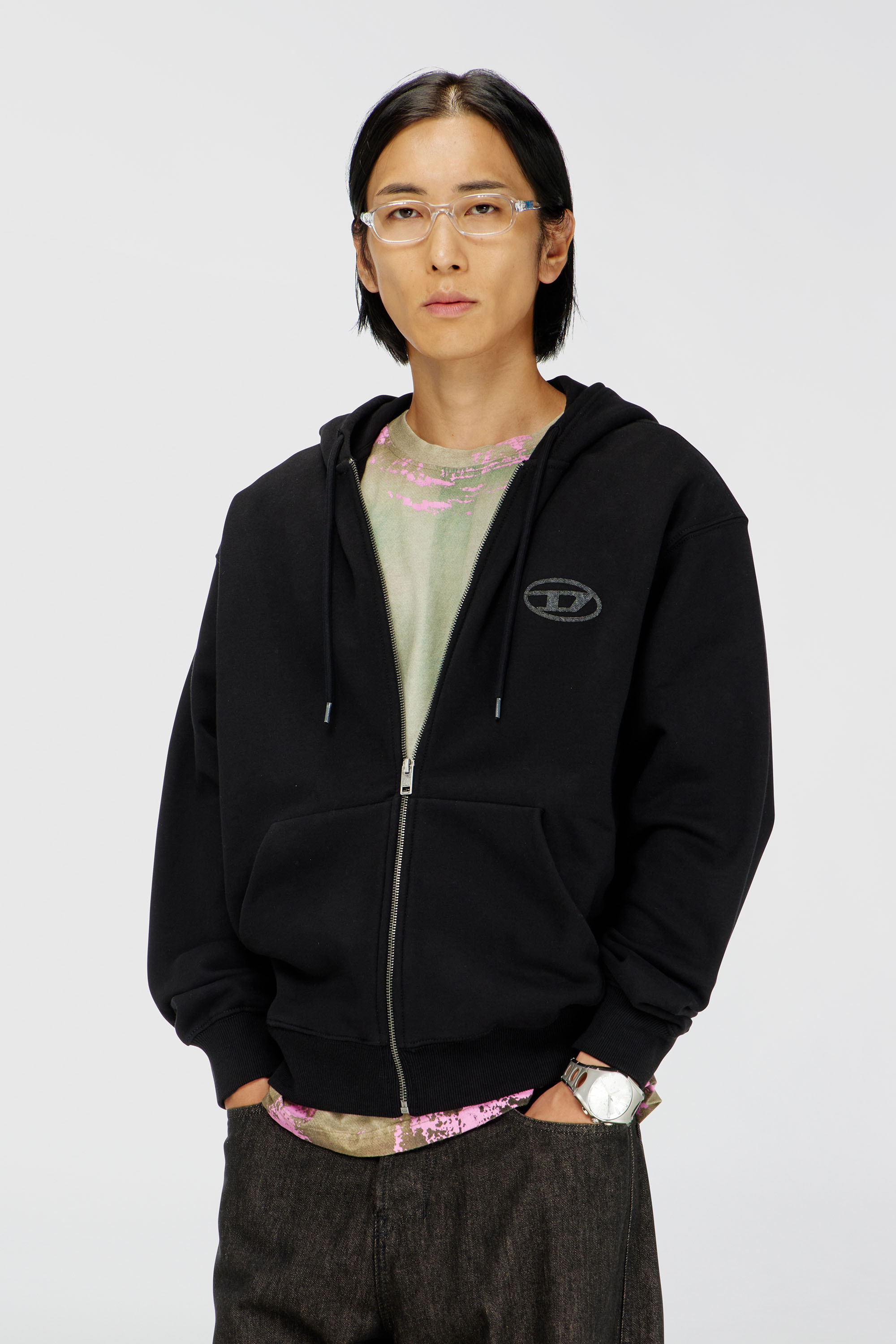 Diesel - Cotton hoodie with tonal Oval D logo embroidery - Sweaters - Man - Black