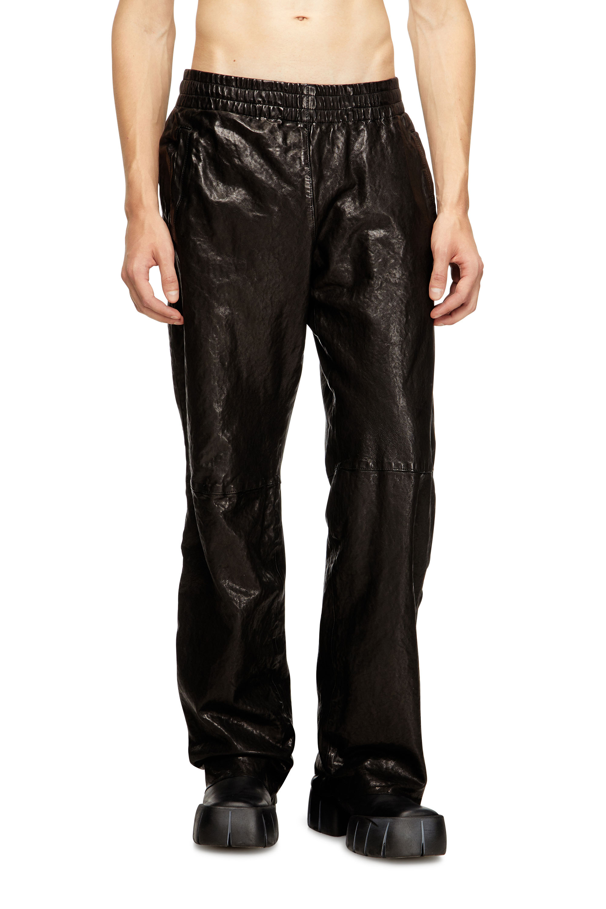 Diesel - P-BRU, Man's Elasticated pants in boiled leather in Black - 1