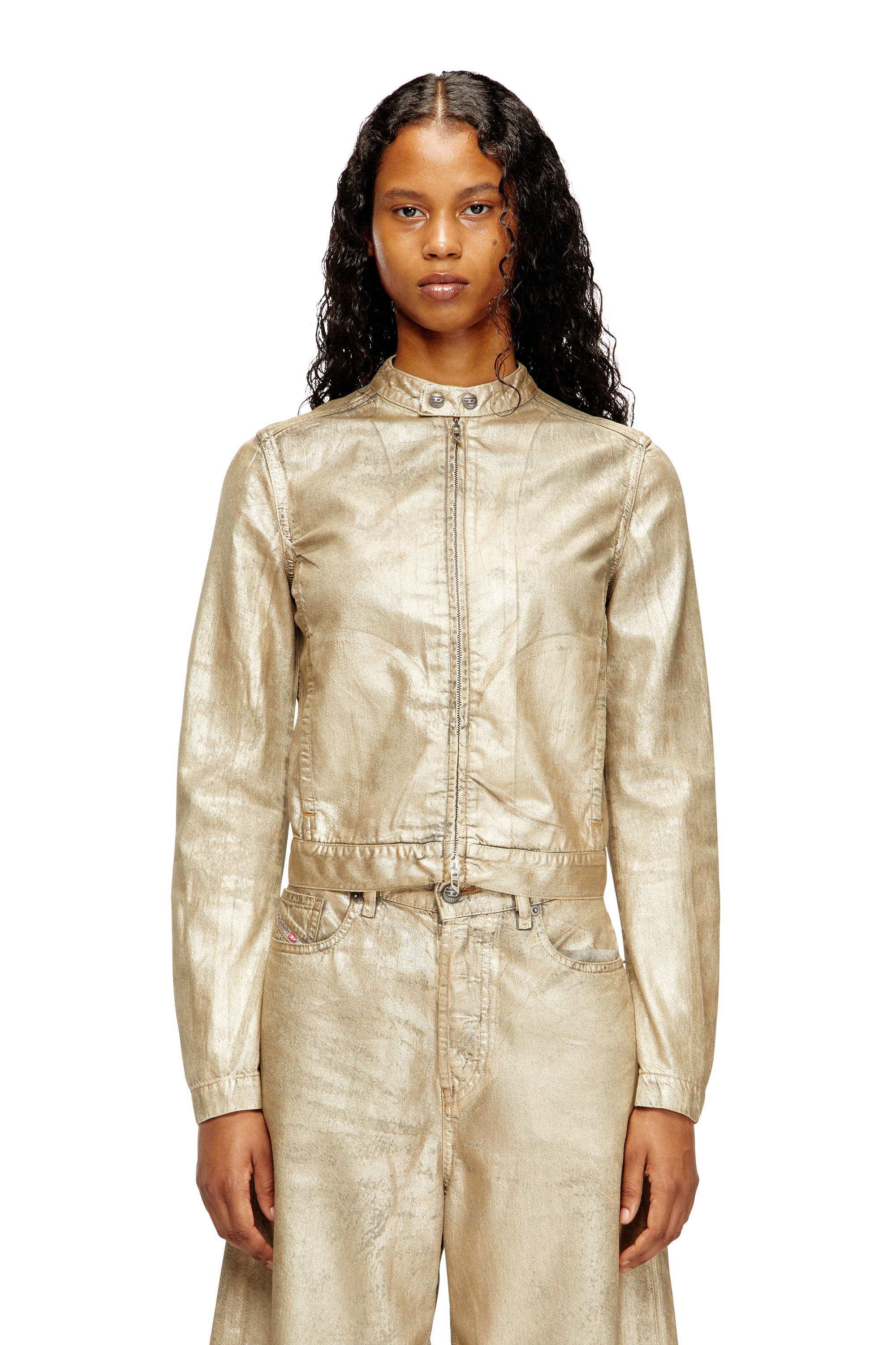 Diesel - Dile_Luna Jacket, Woman's Moto jacket in distressed metallic denim in Gold - 1