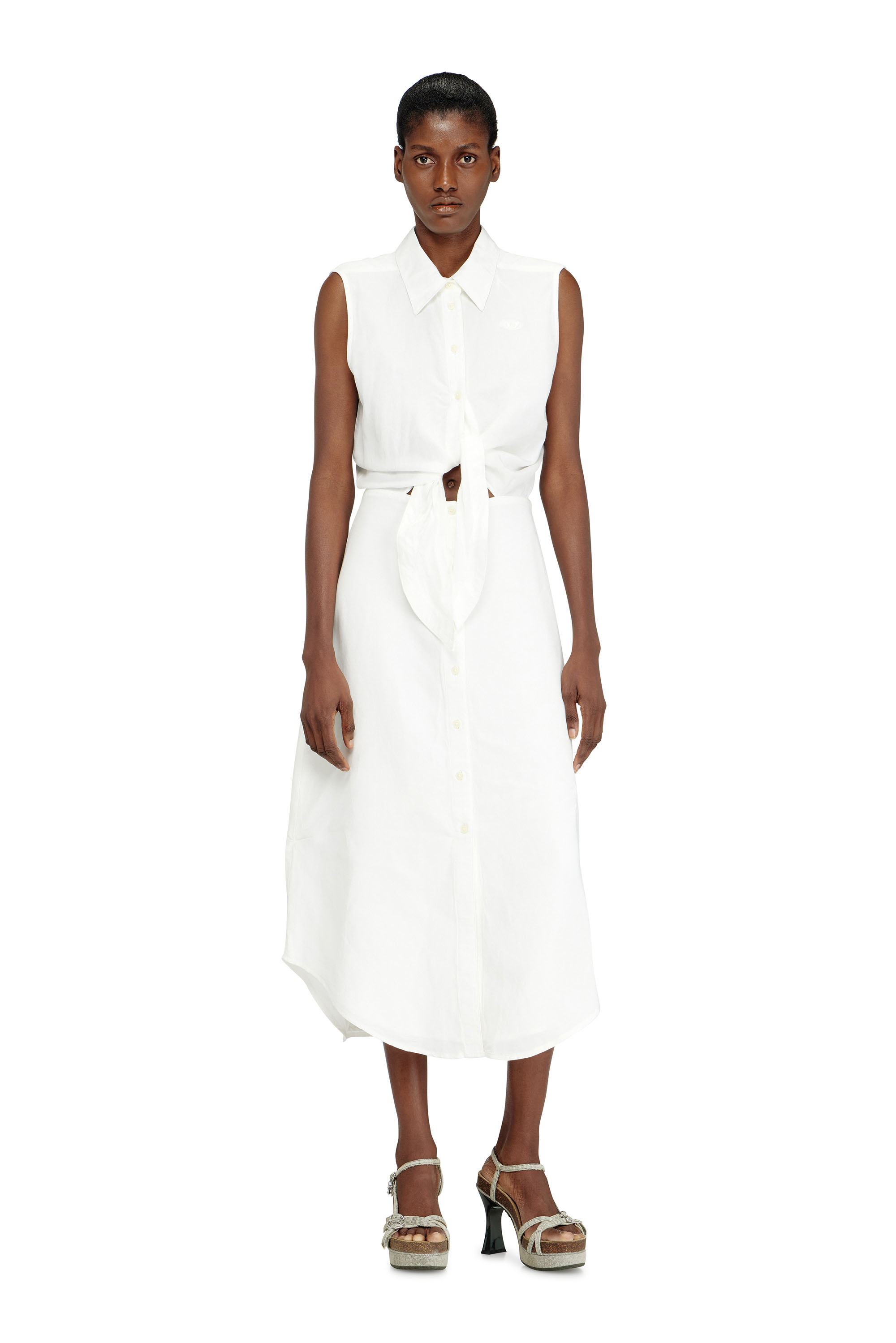 Diesel - D-ELTA-SL, Woman's Linen-blend midi dress with knot detail in White - 2