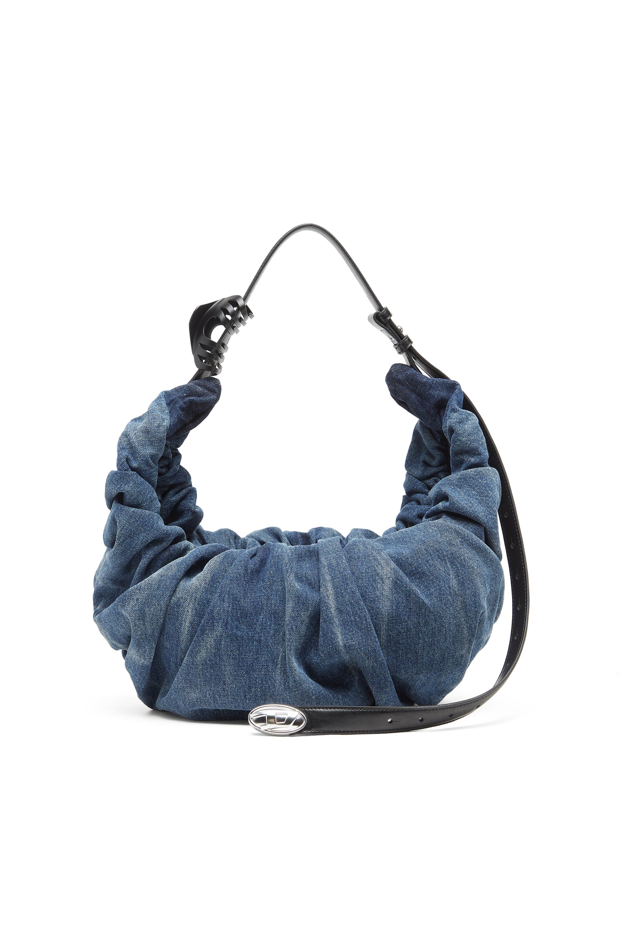 Diesel - Grab-D-Large scrunched hobo bag in treated denim - Shoulder Bags - Woman - Blue