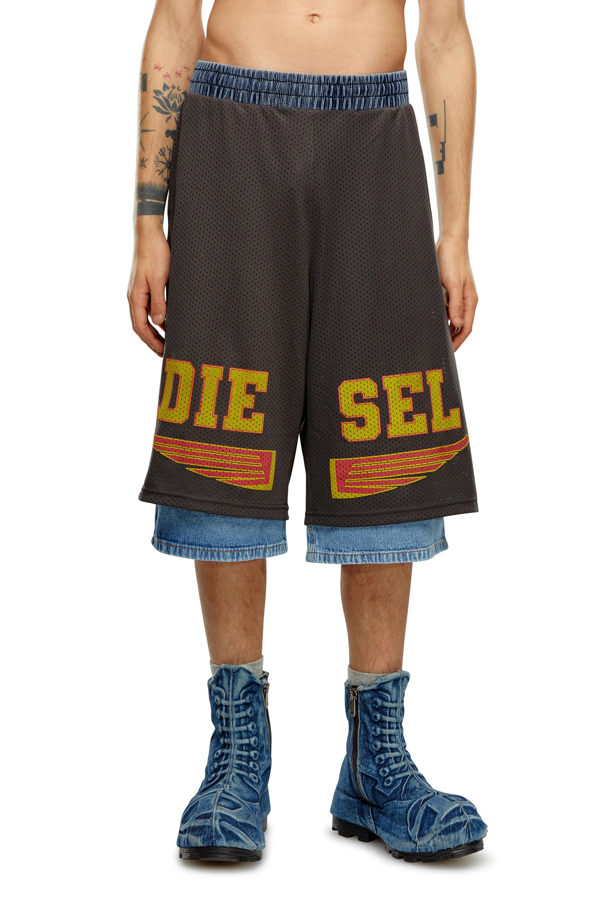 Diesel - Pantalones cortos de piernas anchas de tejido, malla y denim - Shorts - Hombre - Gris
