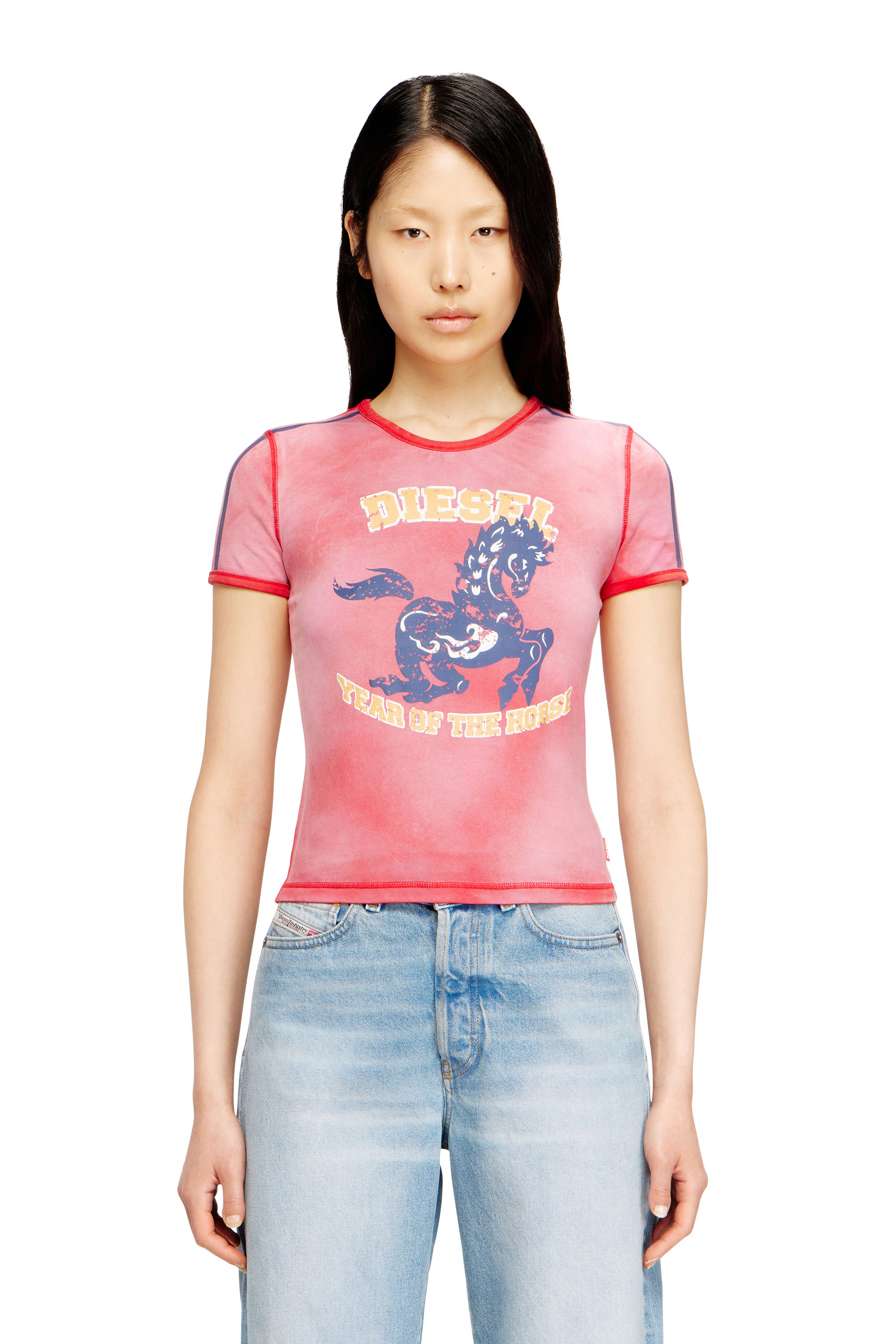 Diesel Women's Red - Cotton Stretch T-Shirt With Horse Graphic Print - Tops - Woman Xxs