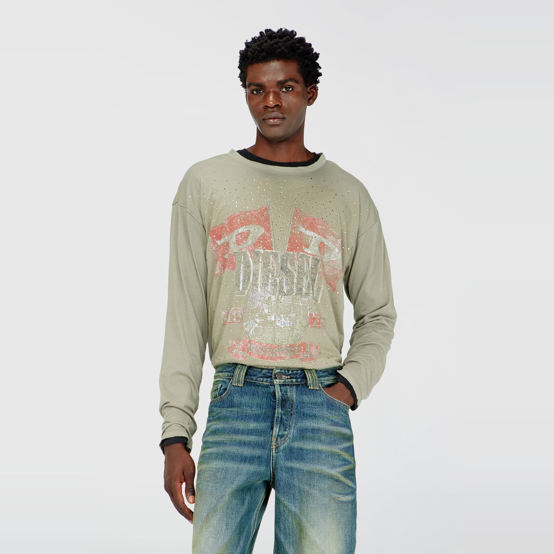 Diesel - Long-sleeve T-shirt with concert graphics and crystals - T-Shirts - Man - Green