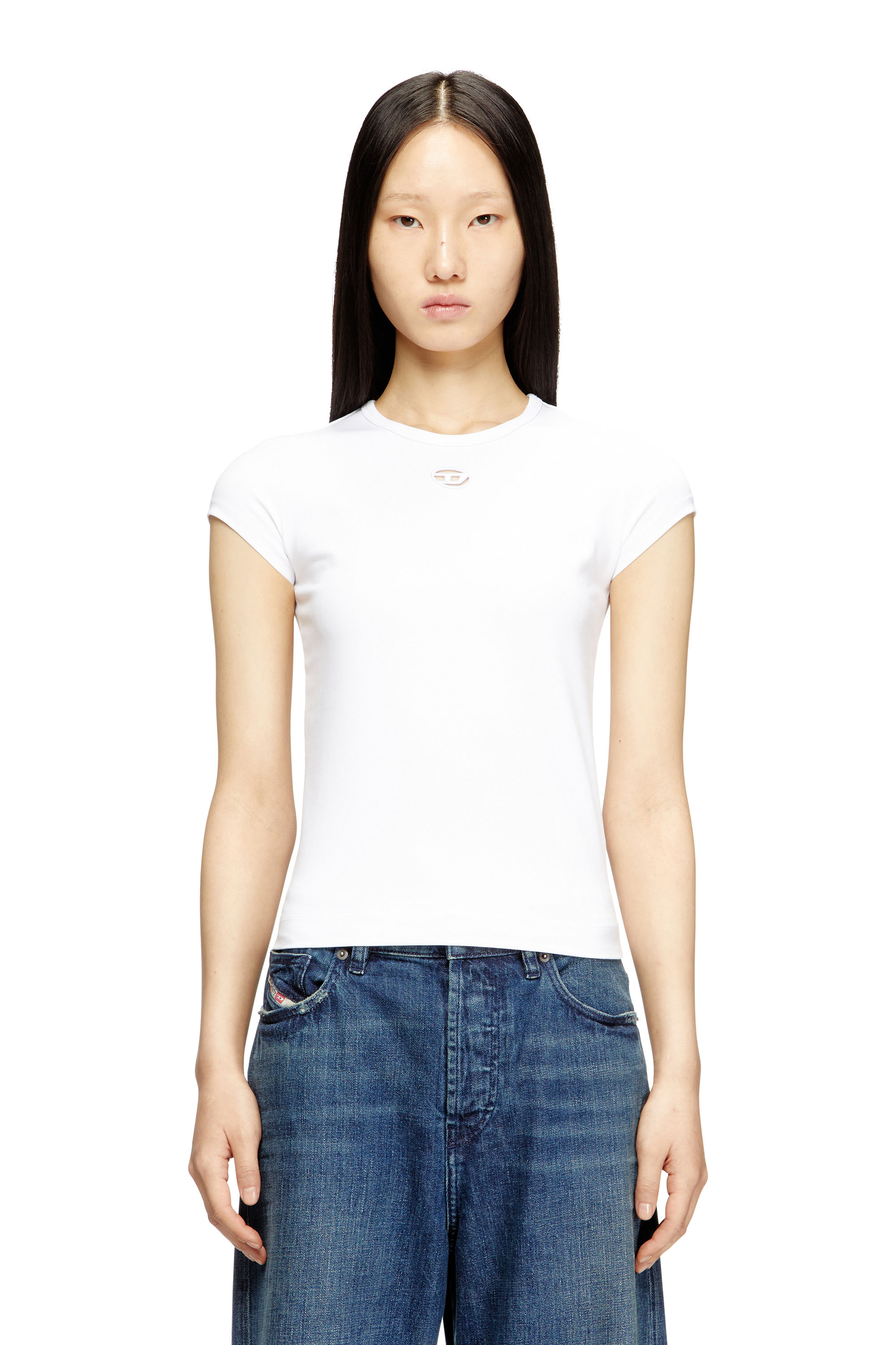 Diesel - T-ANGIE-OD, Woman's T-shirt with cut-out embroidered logo in White - 1
