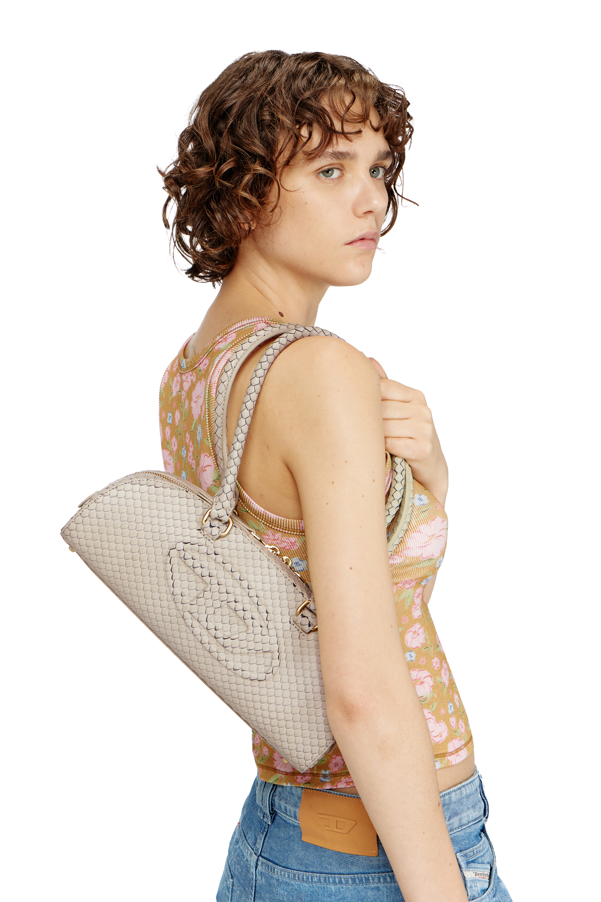 Diesel - 1DR DOME SHOULDER EW, Woman's 1DR Dome-Elongated bowling bag in snake-effect leather in Beige - 2