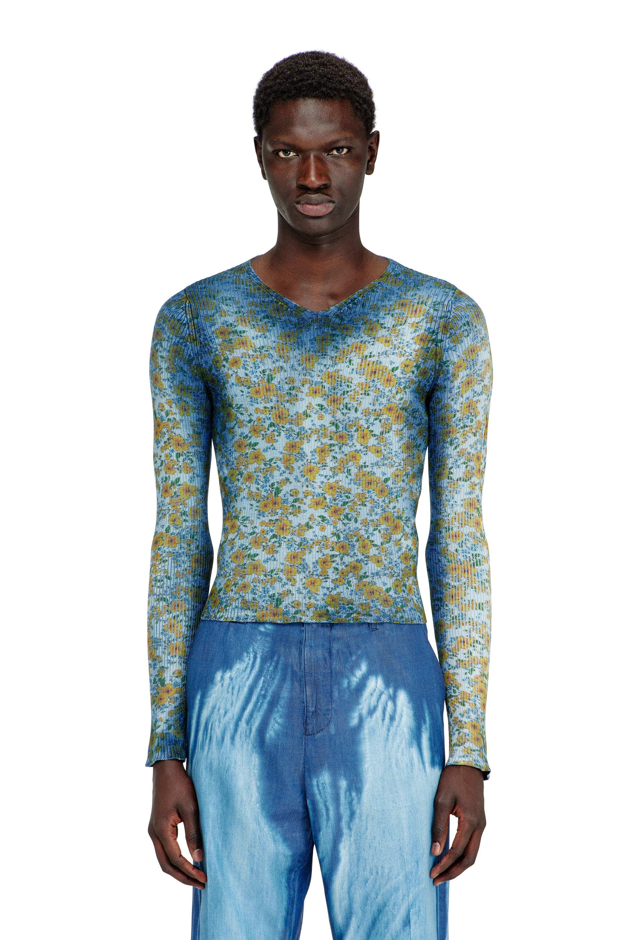Diesel - M-EGE, Woman's Rib-knit top with floral X-ray effect in Blue - 3