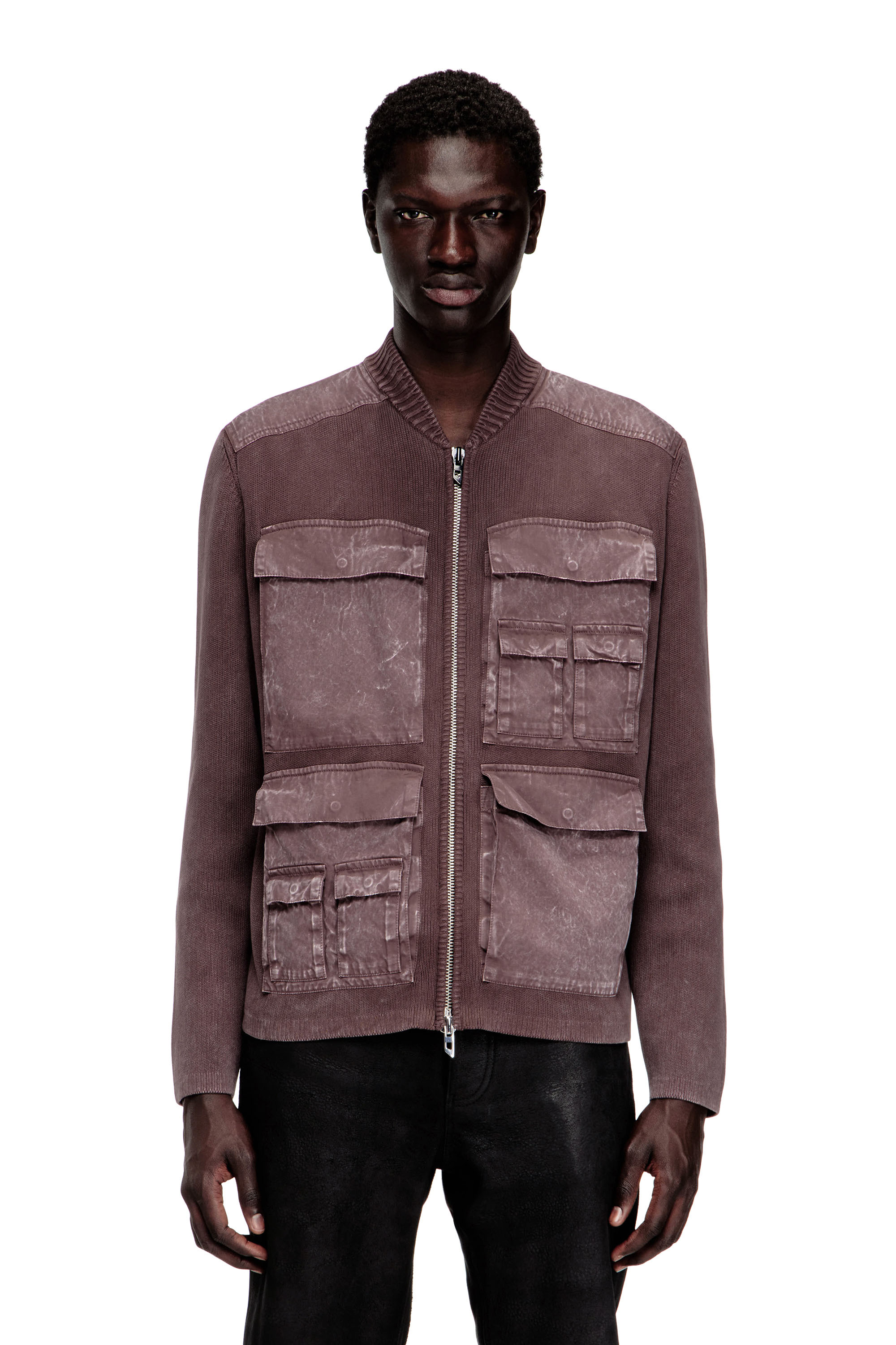 Diesel Mužský Hnedý - Zip-Up Cardigan With Cargo Pockets - Knitwear - Man Malý