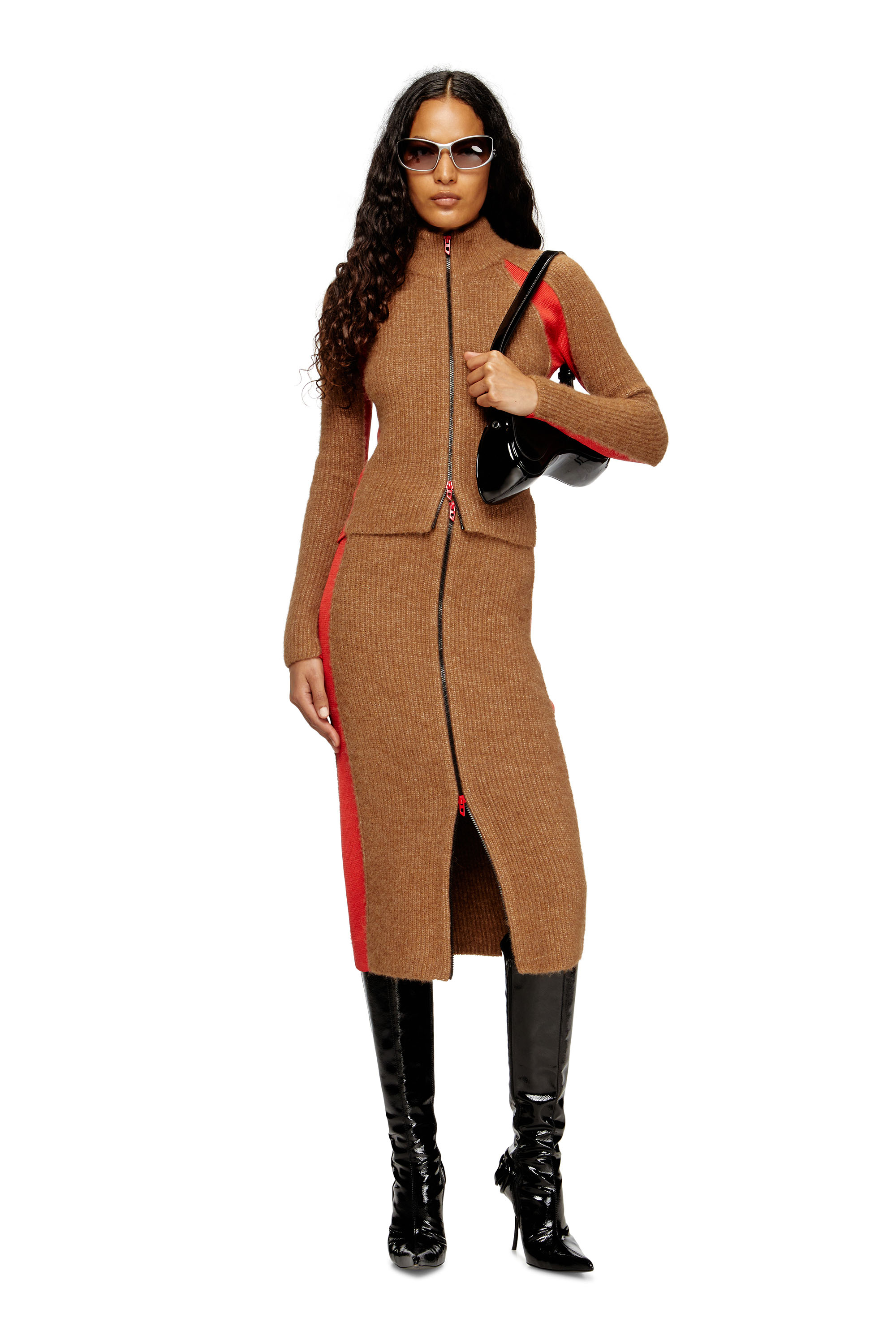 Diesel - M-LOUSI, Woman's Midi skirt in alpaca with front zipper in Brown - 2