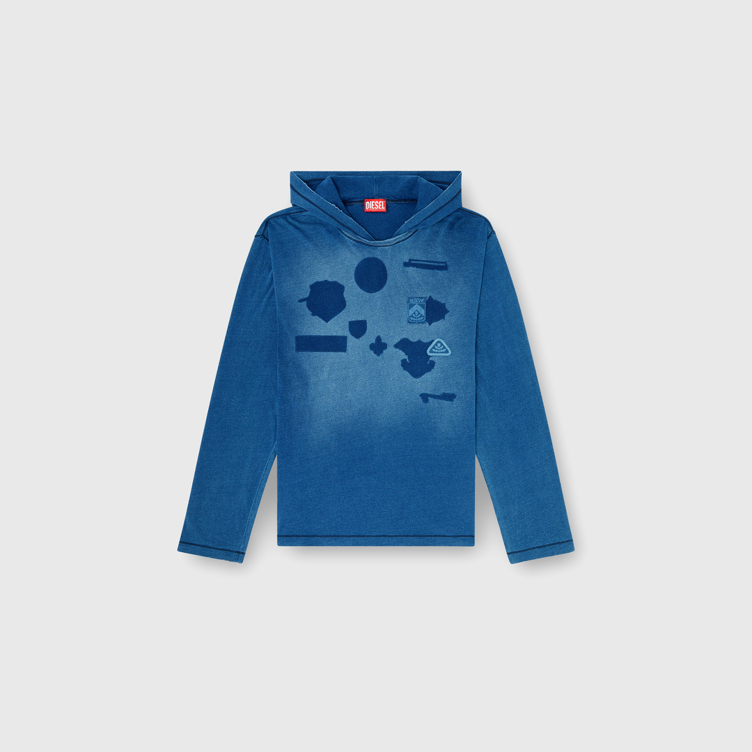 Diesel - T-shirt à capuche manches longues avec patchs effet ombre - T-Shirts - Homme - Bleu