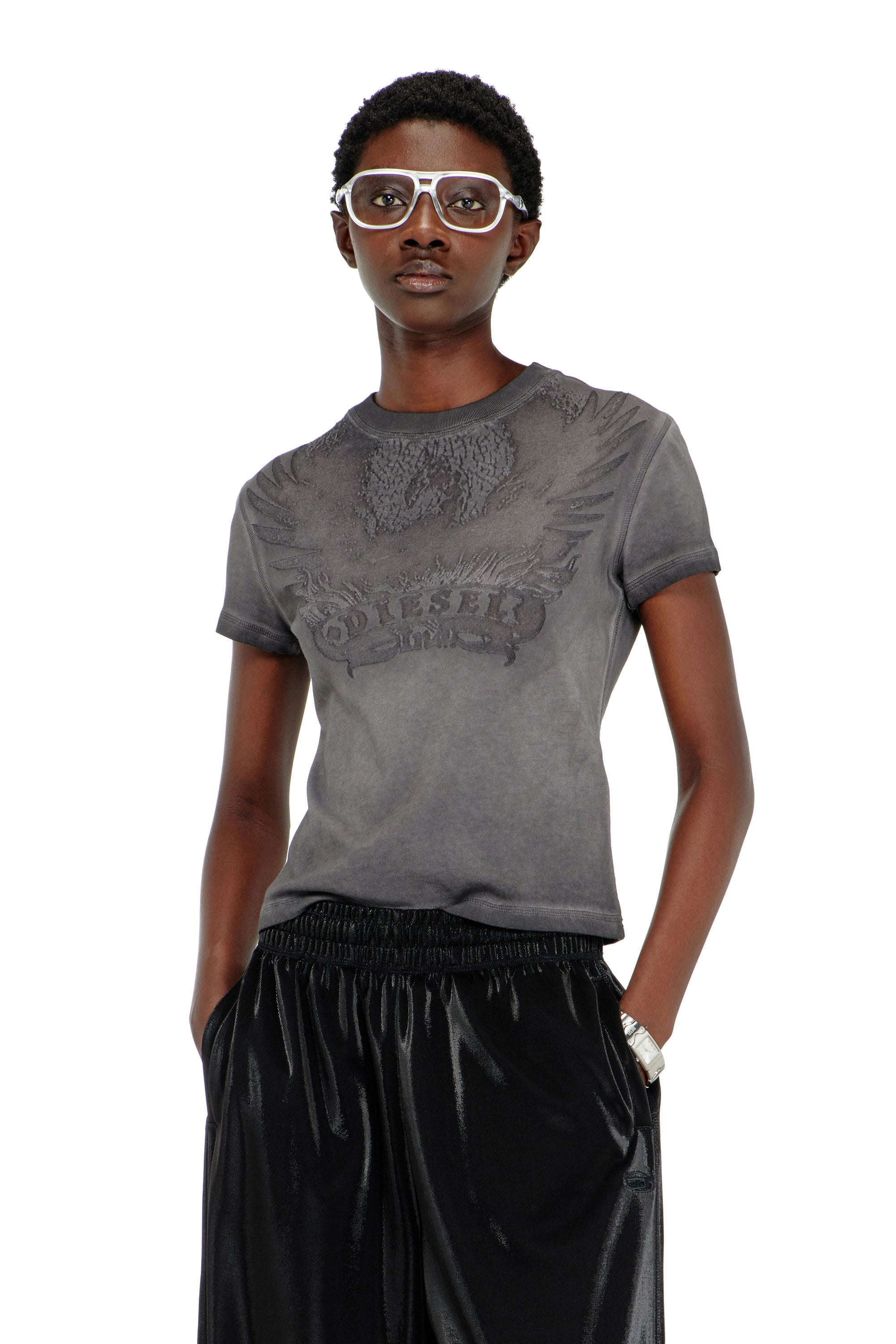 Diesel Damen Grau - Slim T-Shirt Mit Dévoré Phoenix - T-Shirts Mittel