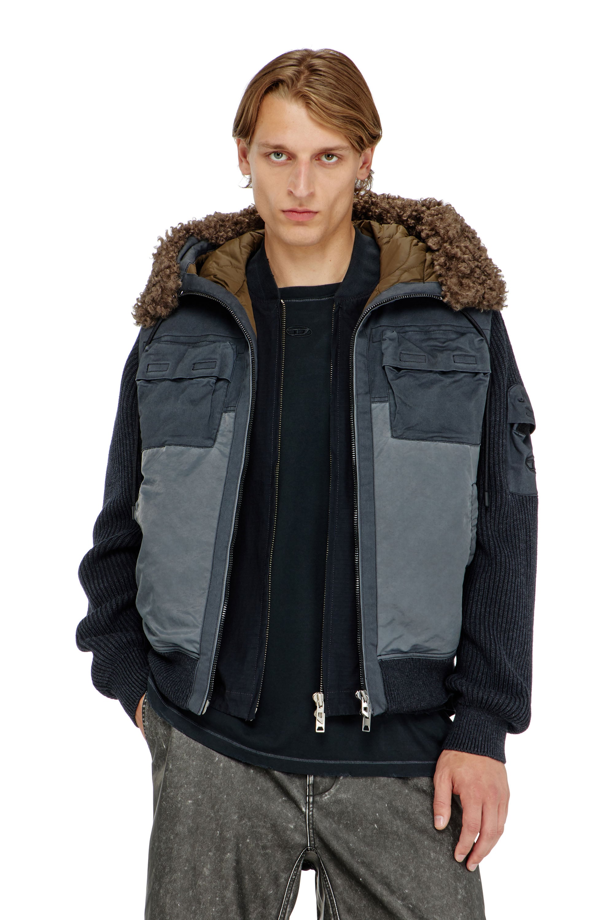 Diesel Mannelijk Blauw - Hooded Padded Jacket With Knitted Sleeves - Winter Jackets - Man Maat 44