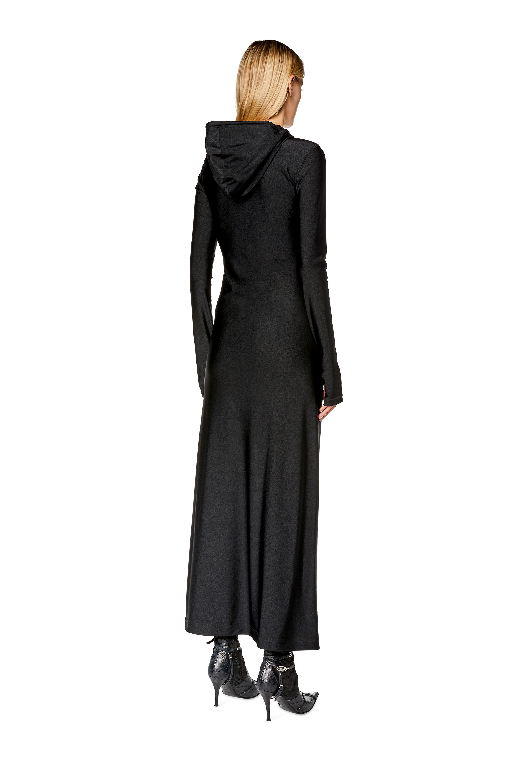 Diesel - Hoodie-Kleid aus glänzendem Stretch-Nylon - Kleider - Damen - Schwarz