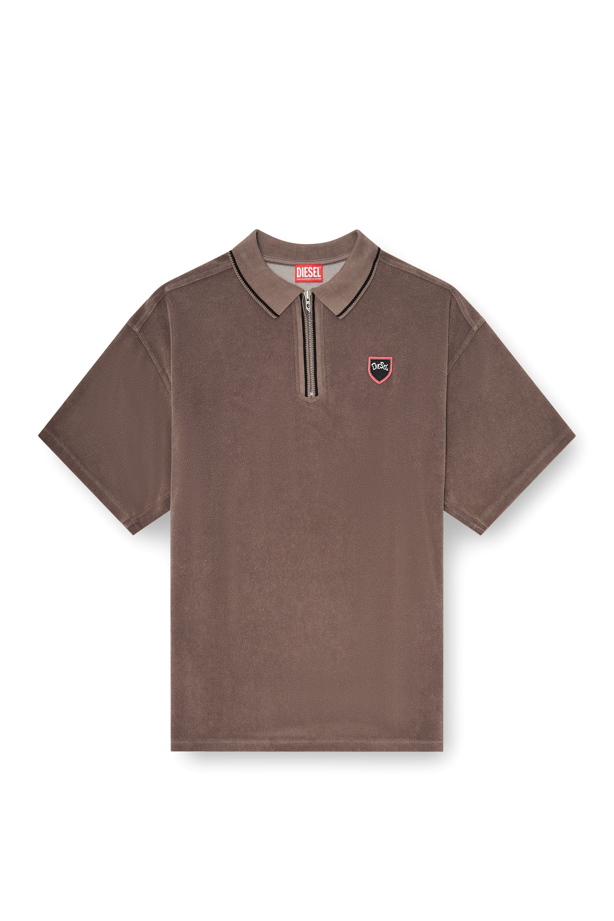 Diesel - T-SPONGY-ZIP, Man's Chenille polo shirt with shield patch in Brown - 3