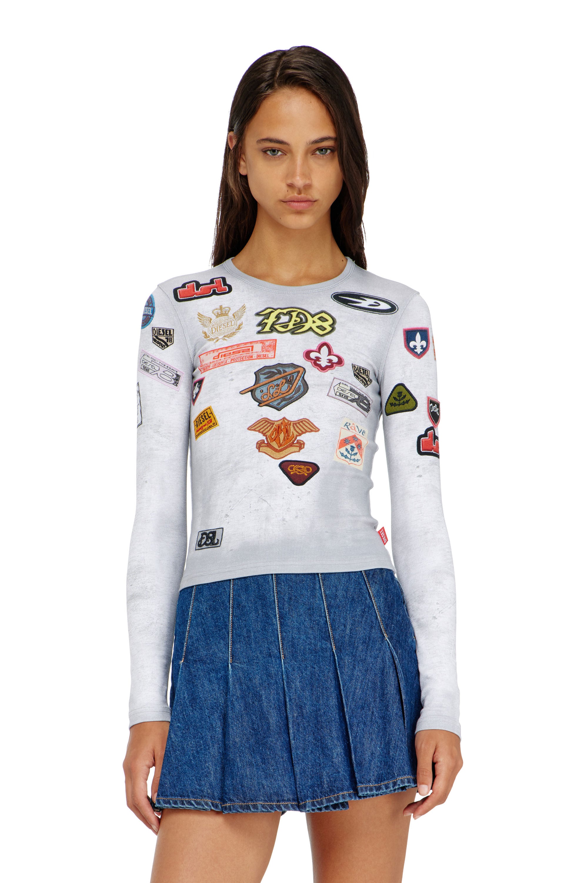 Diesel Damen Weiss - Top Aus Rippjersey Mit All-Over Patch-Print - T-Shirts Xxs