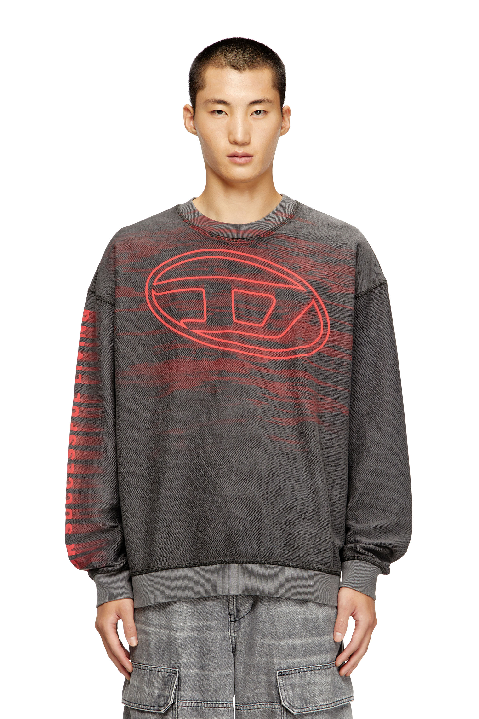 Diesel Mužský Šedý - Cotton Sweatshirt With Oval D Print - Sweaters - Man Extra Veľký