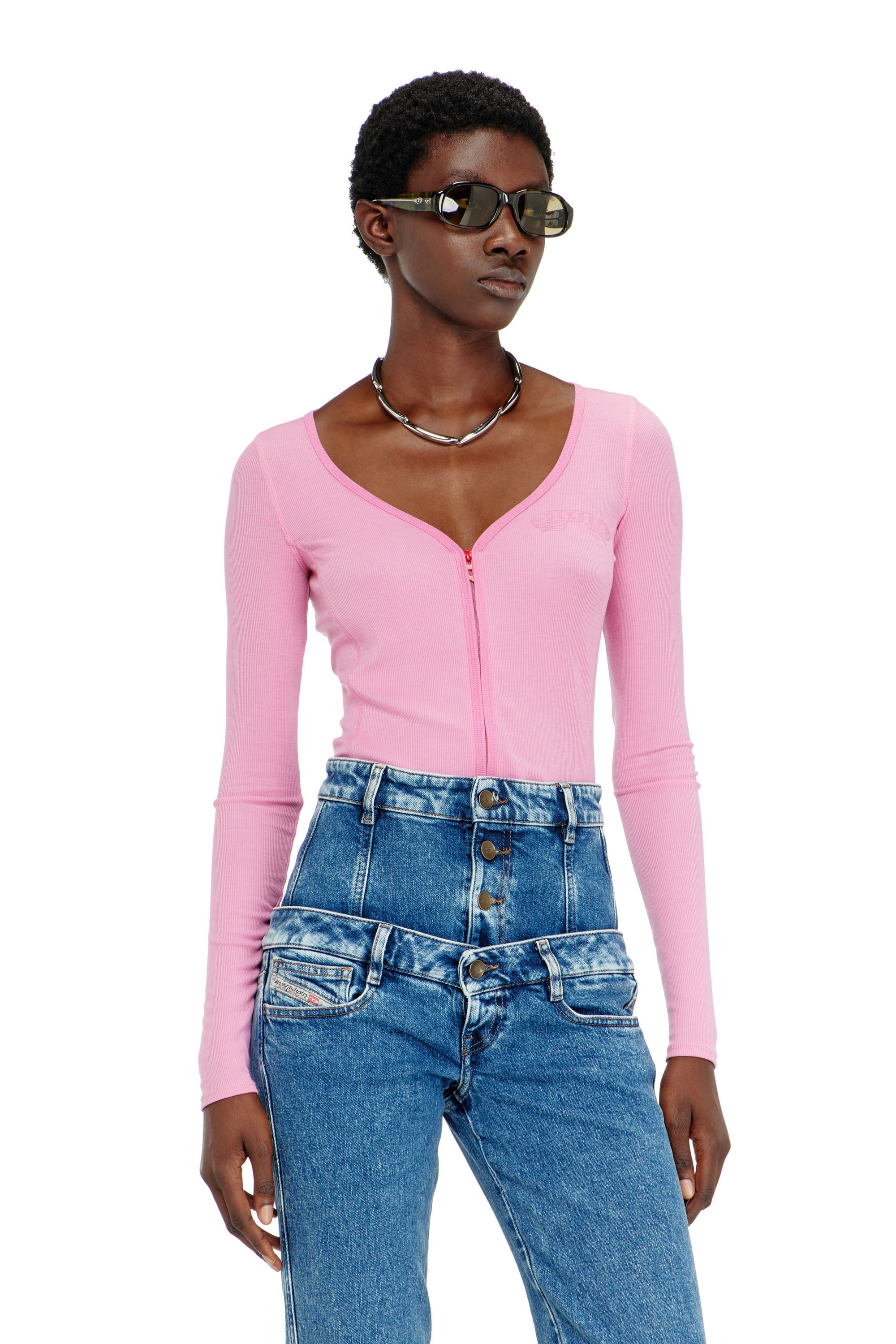 Diesel - Slim V-neck lyocell top with zip - Tops - Woman - Pink