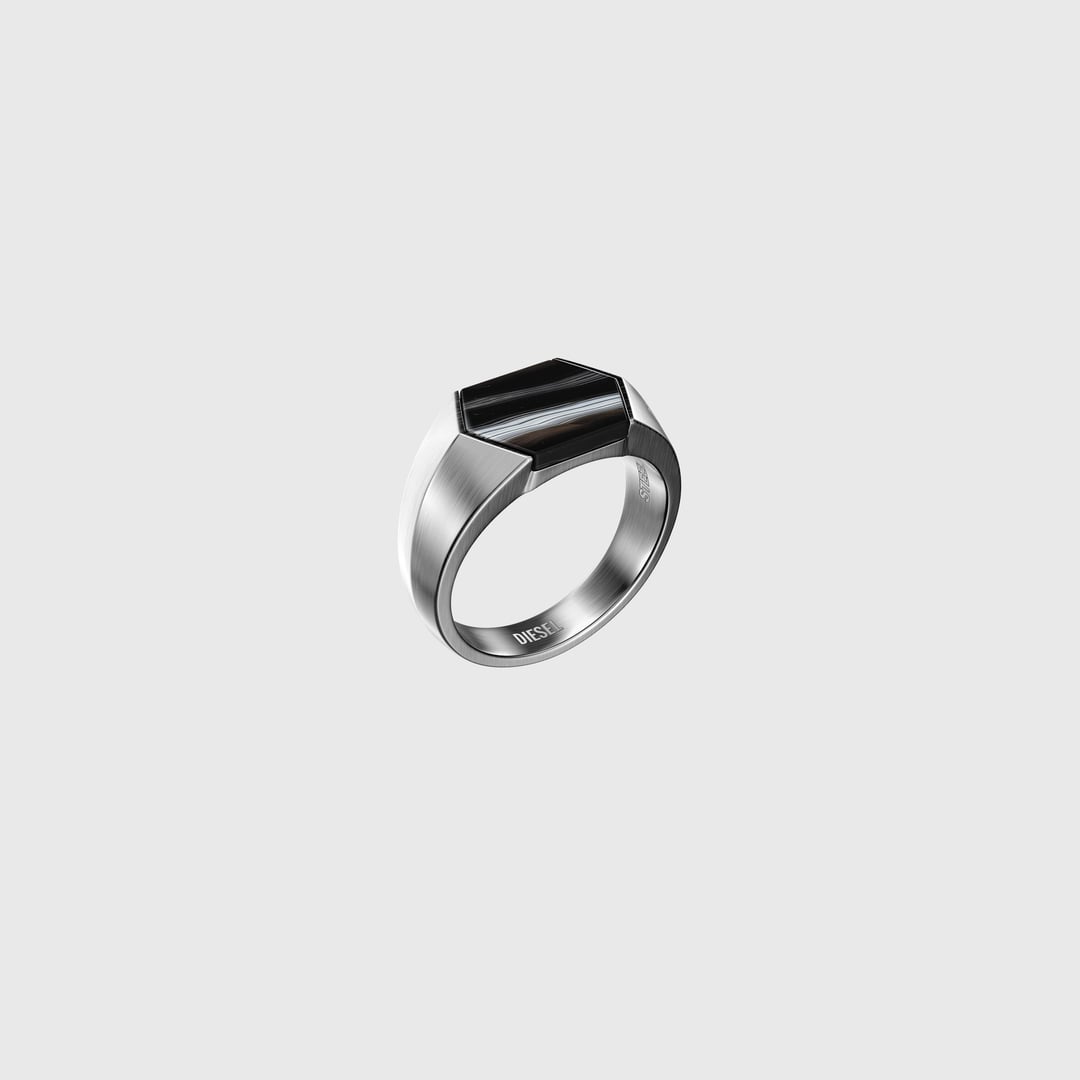 Diesel - Black Agate Signet Ring - Rings - Unisex - Silver