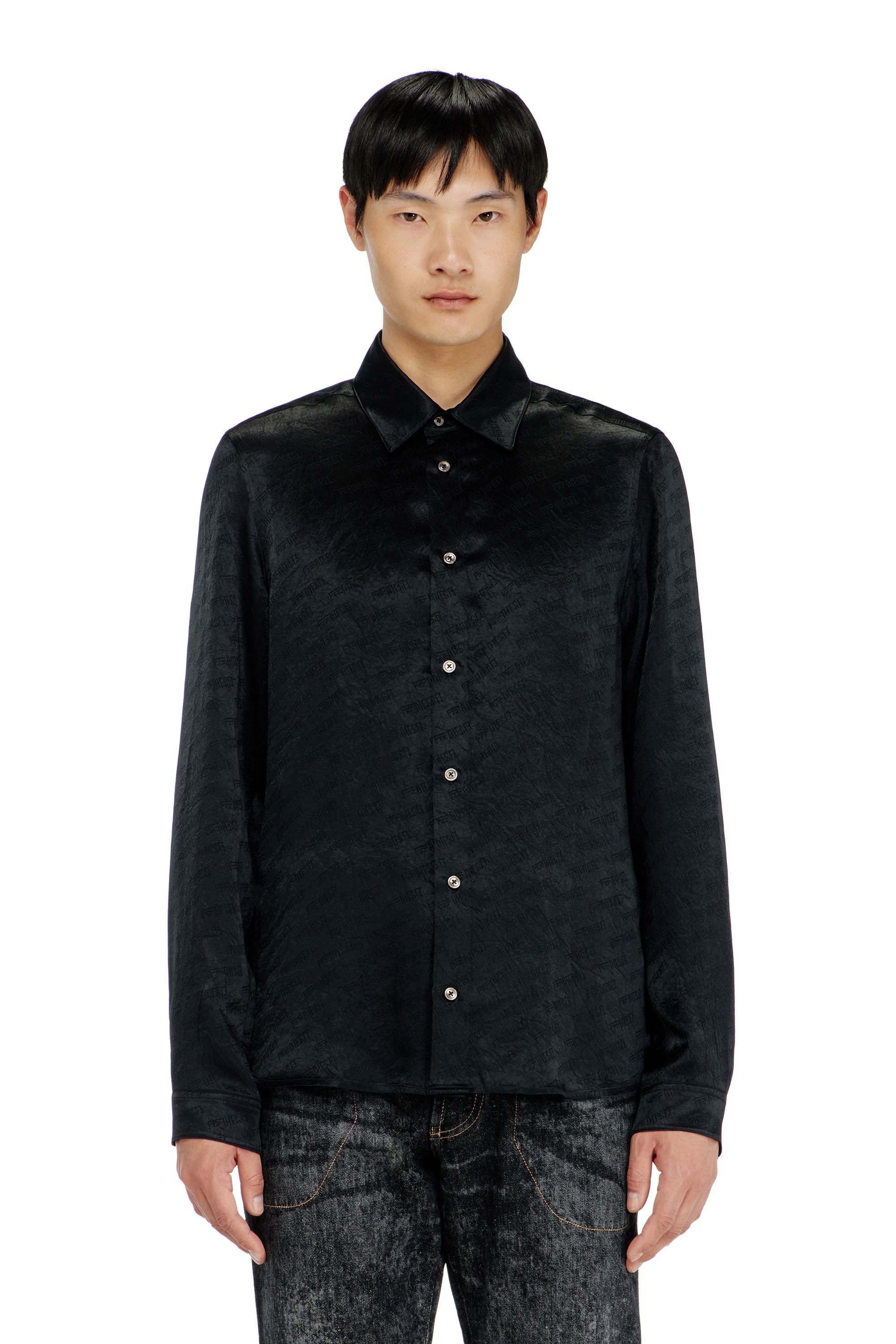 Diesel Mannelijk Zwart - Shirt In Logo-Jacquard Crinkled Satin - Shirts - Man Maat 50
