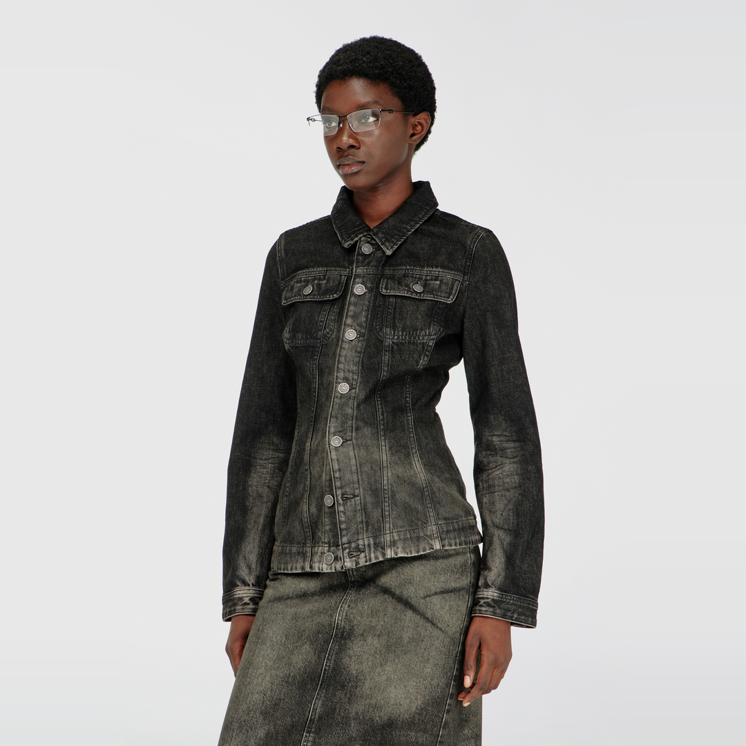 Diesel - Fitted trucker jacket in dirty-effect denim - Denim Jackets - Woman - Black
