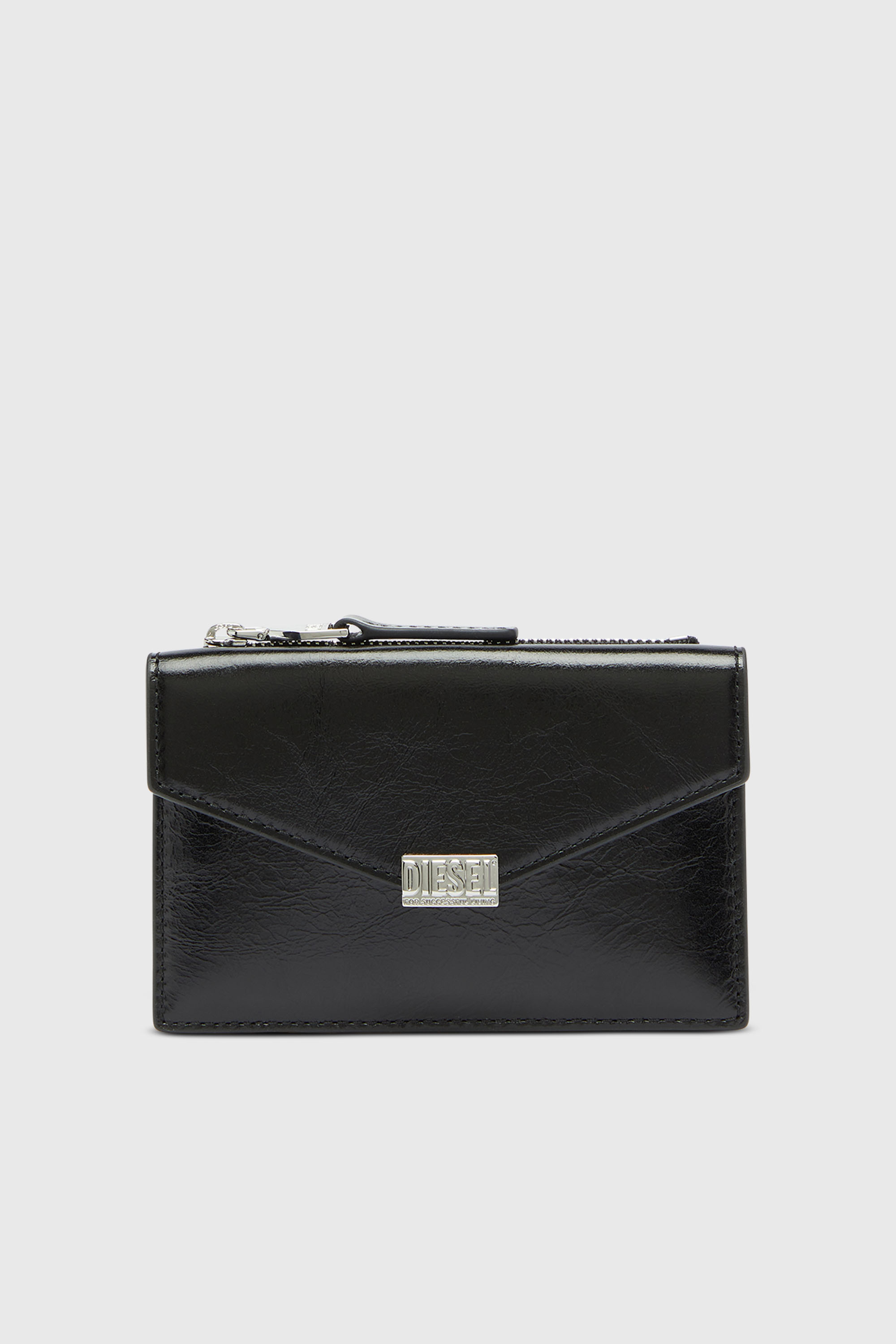 Diesel - Envelope-style card holder in shiny wrinkled leather - Card cases - Woman - Black