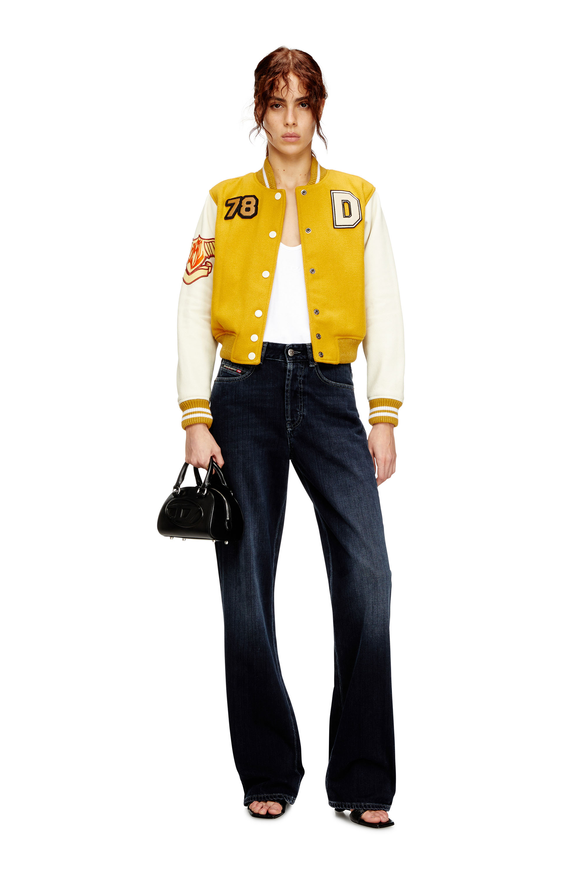 Diesel - L-REAL-CP, Woman's Cropped varsity jacket in wool and leather in White/Yellow - 1