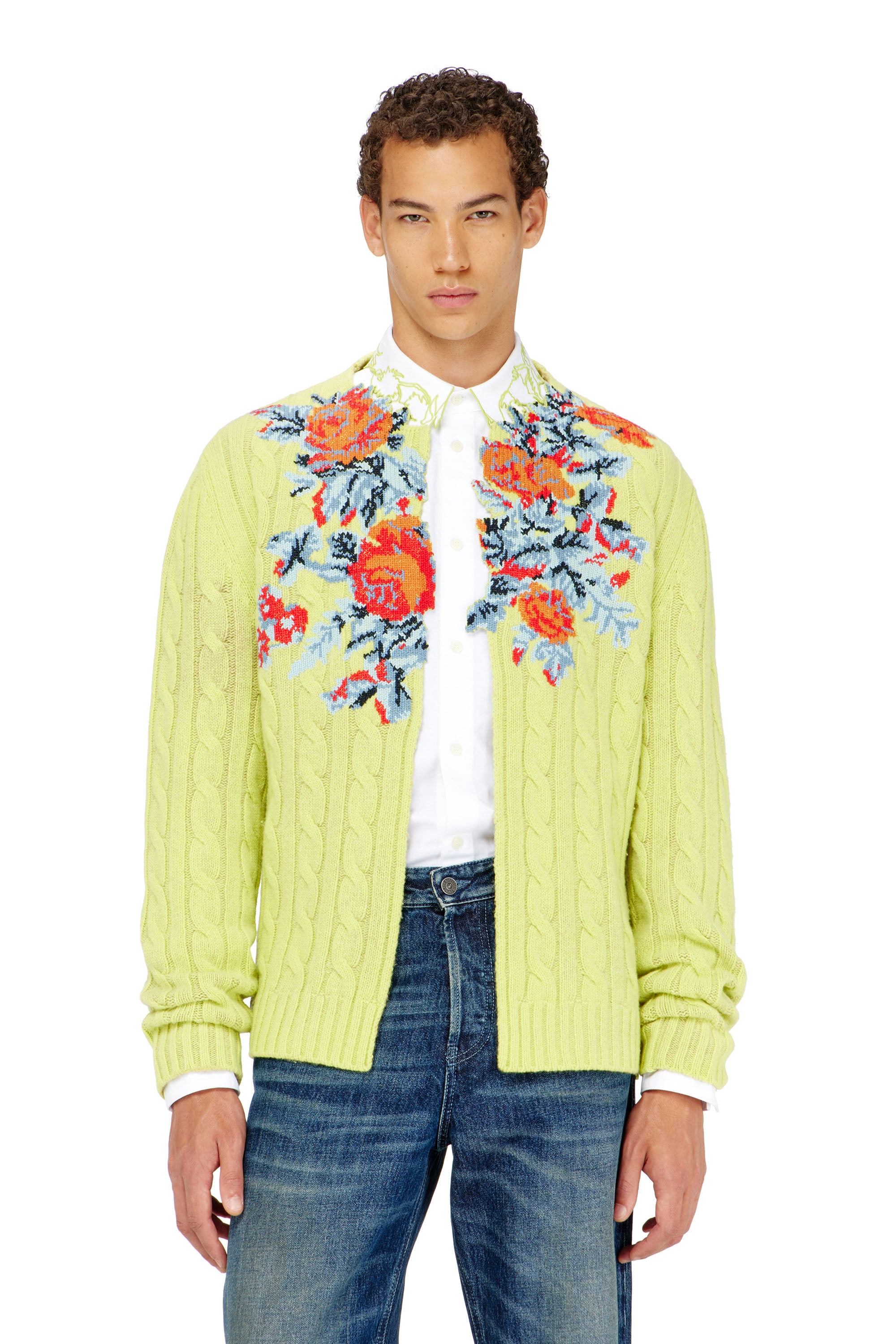Diesel - Open-front cardigan in floral cable knit - Knitwear - Man - Green