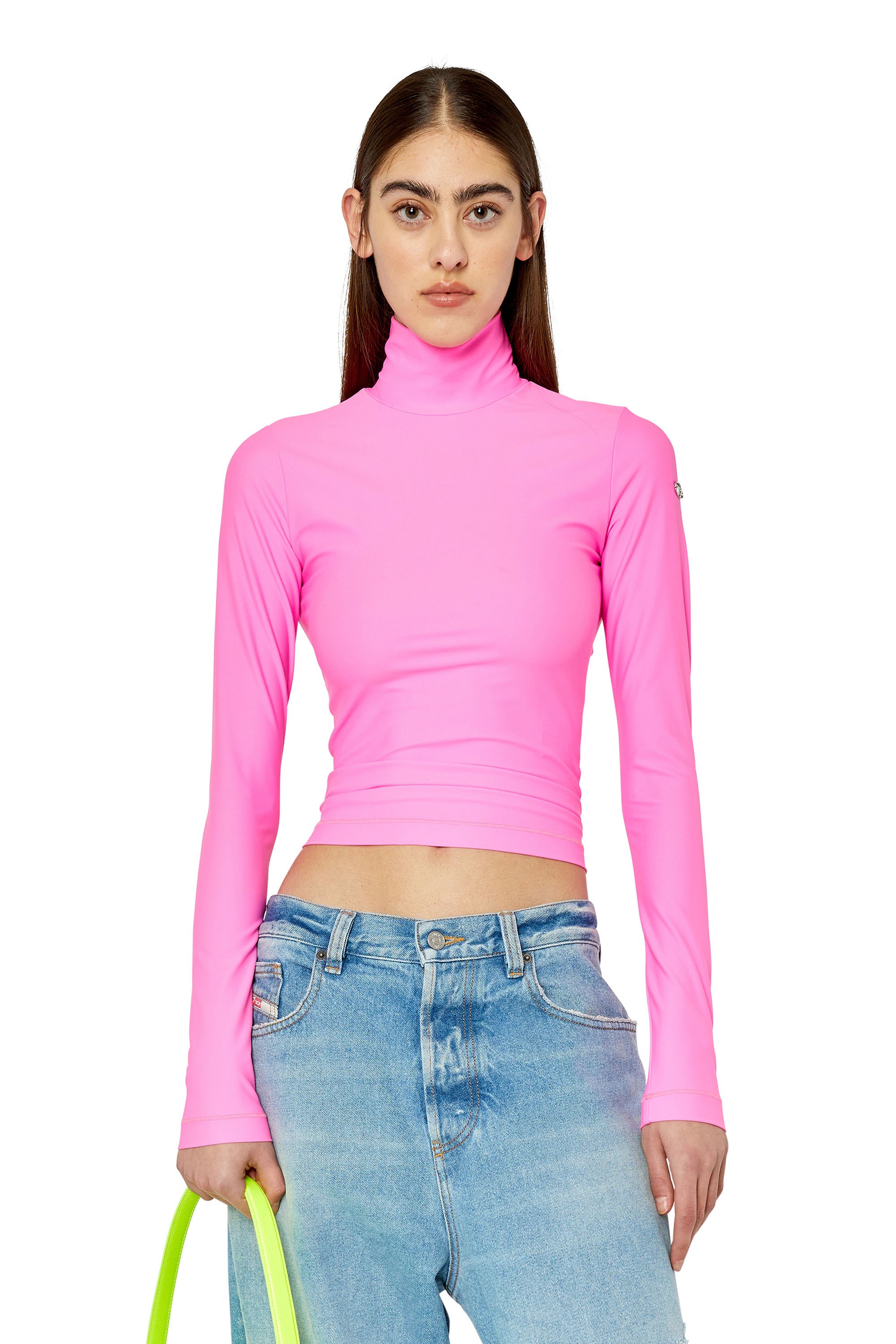 Diesel - Top dolcevita in jersey stretch fluo - T-Shirts - Donna - Rosa