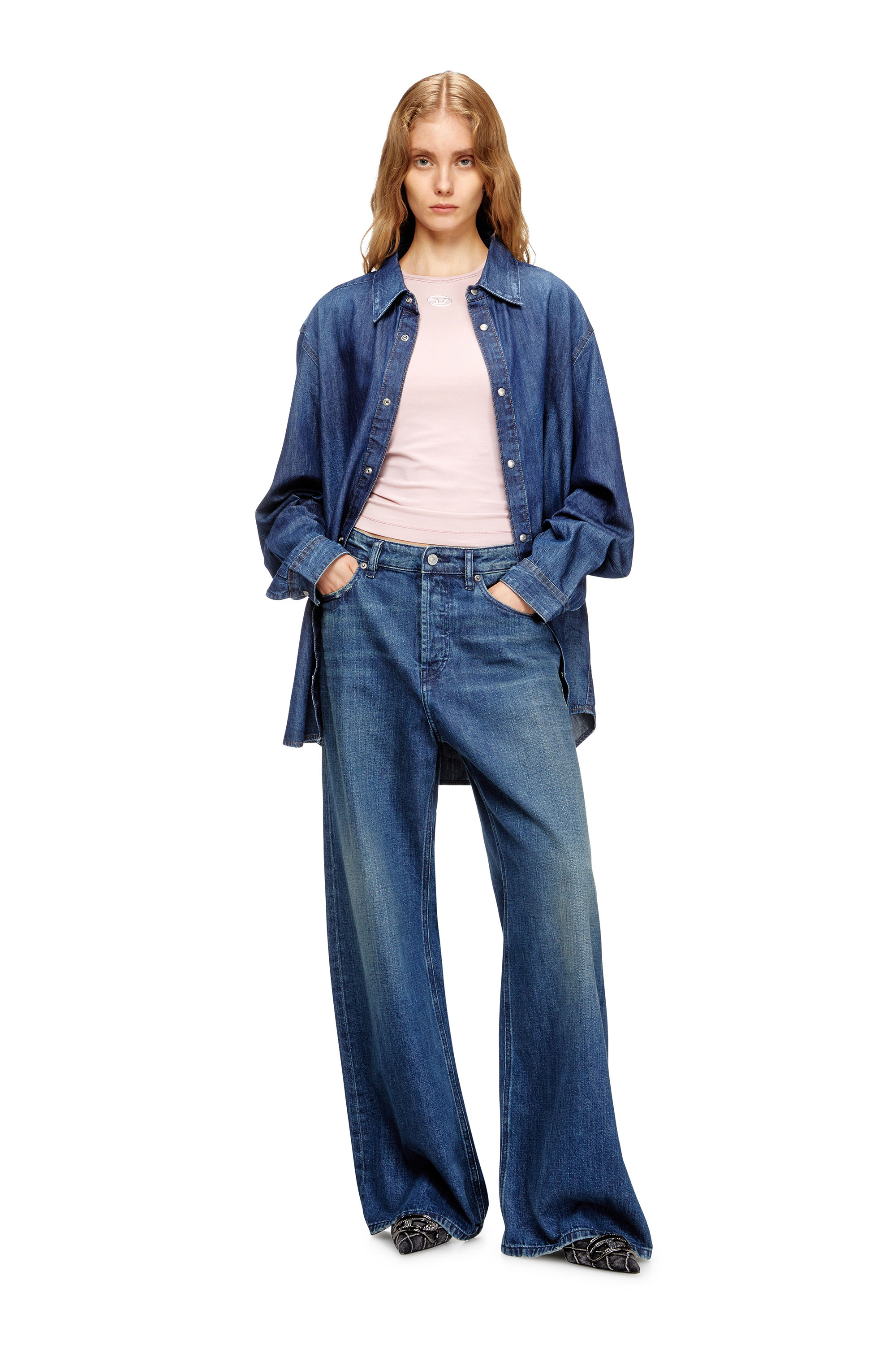 Diesel - T-UNCUTIESLONG-OD, Woman's Slim-fit T-shirt with metallic Oval D in Pink - 2