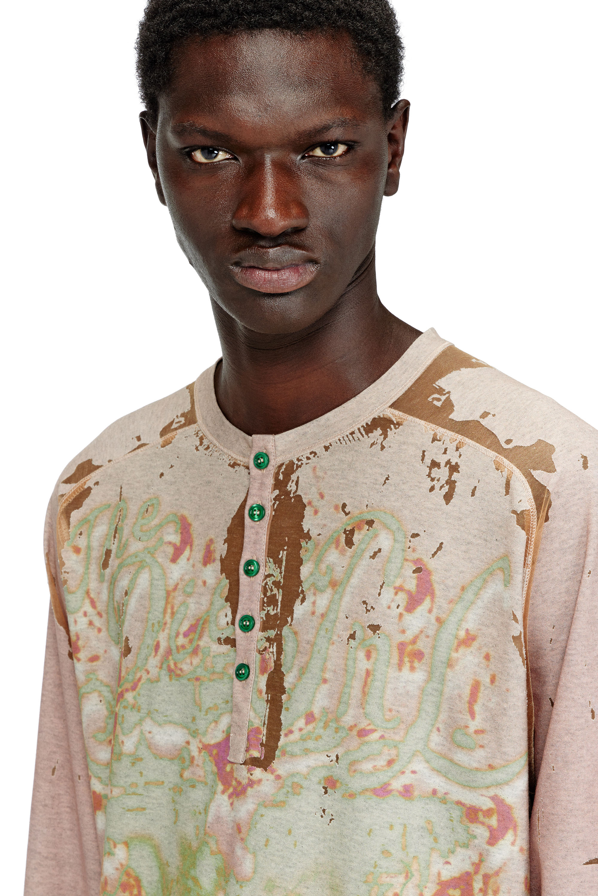 Diesel - T-LIVO-LS, Man's Henley shirt in printed devor&eacute; jersey in Beige - 5