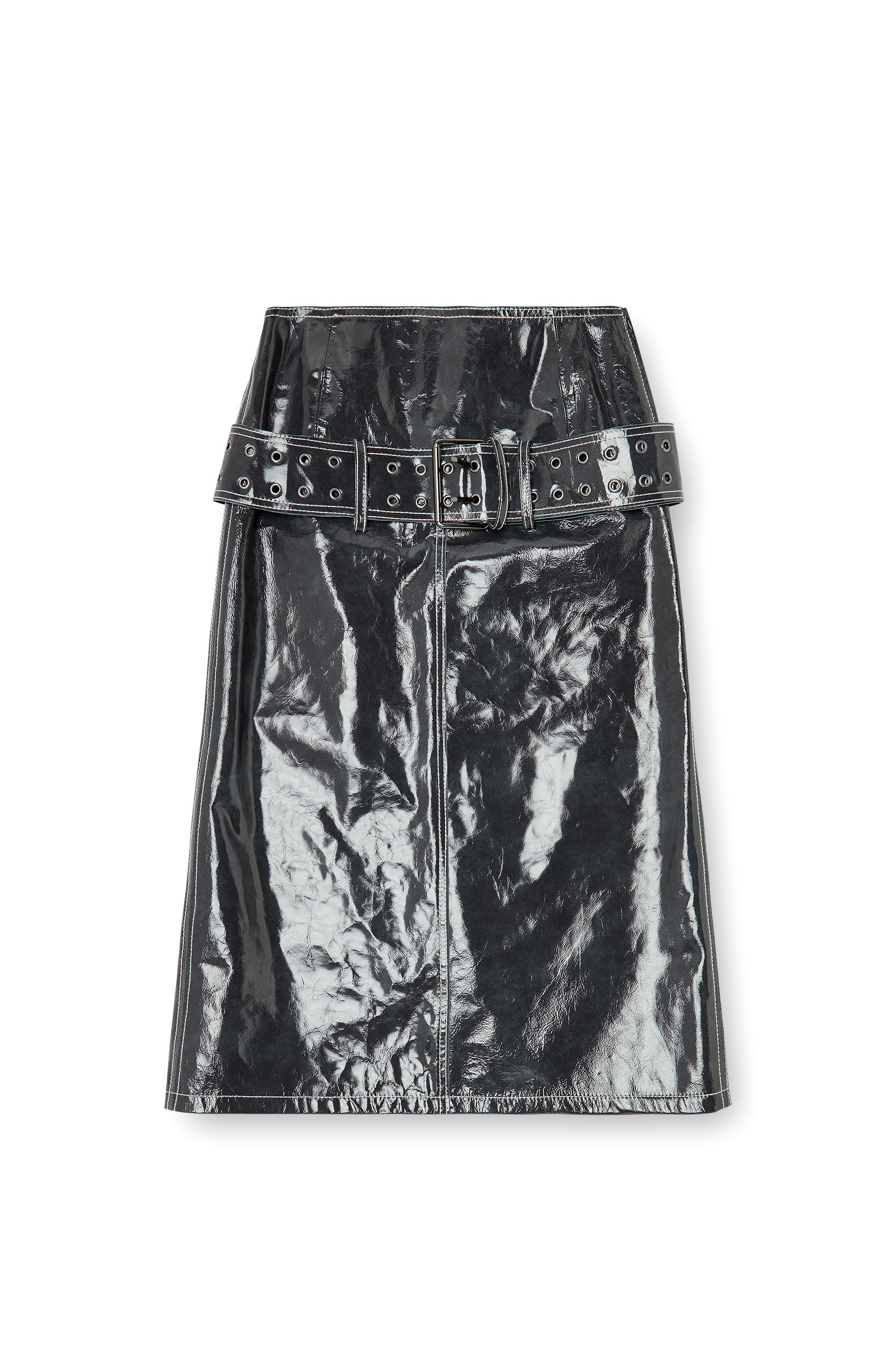 Diesel - L-ASCAR, Woman's Patent-leather midi skirt with belt in Dark grey - 2
