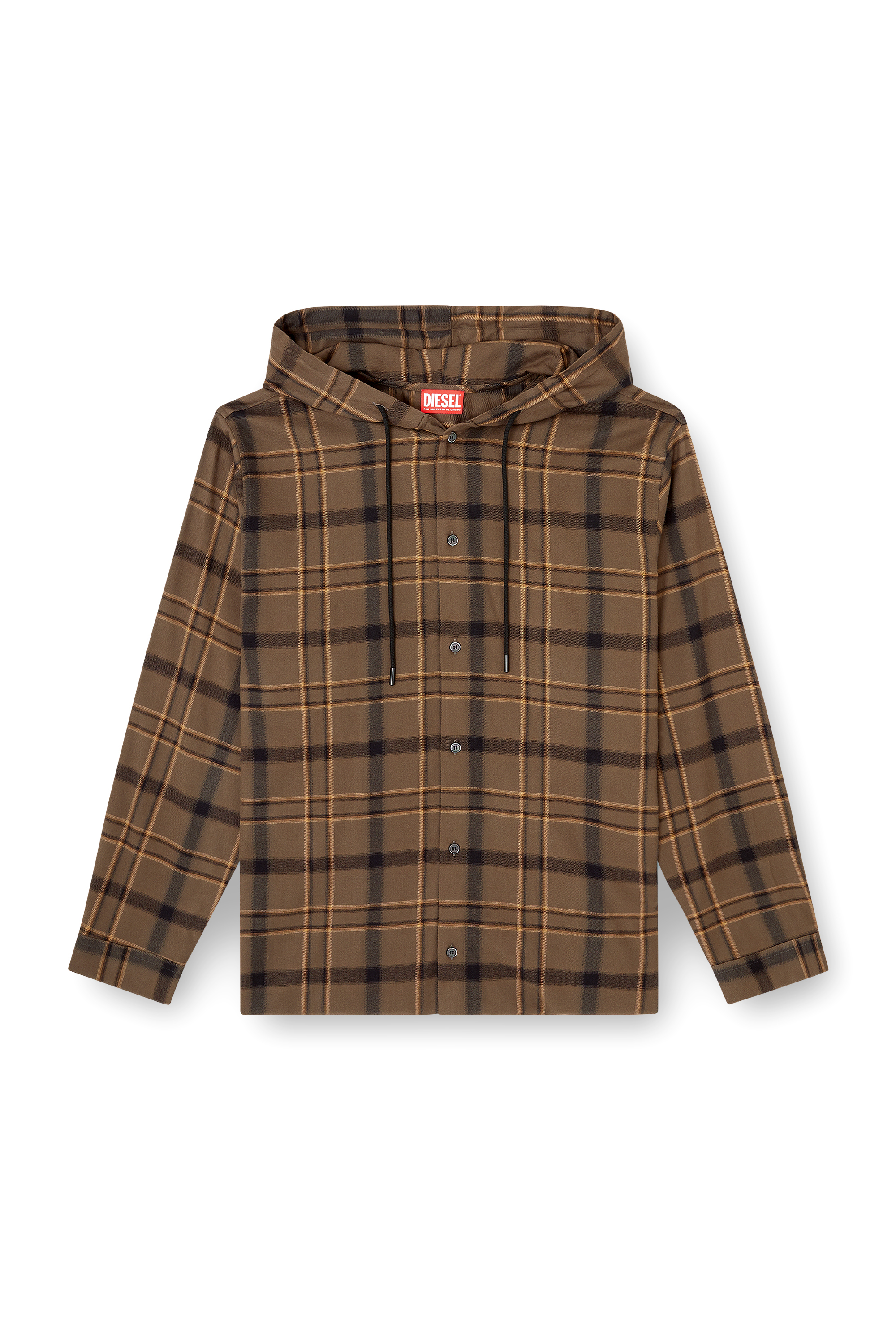 Diesel - S-IX, Man's Hooded shirt in check flannel with logo in Beige/Brown - 3