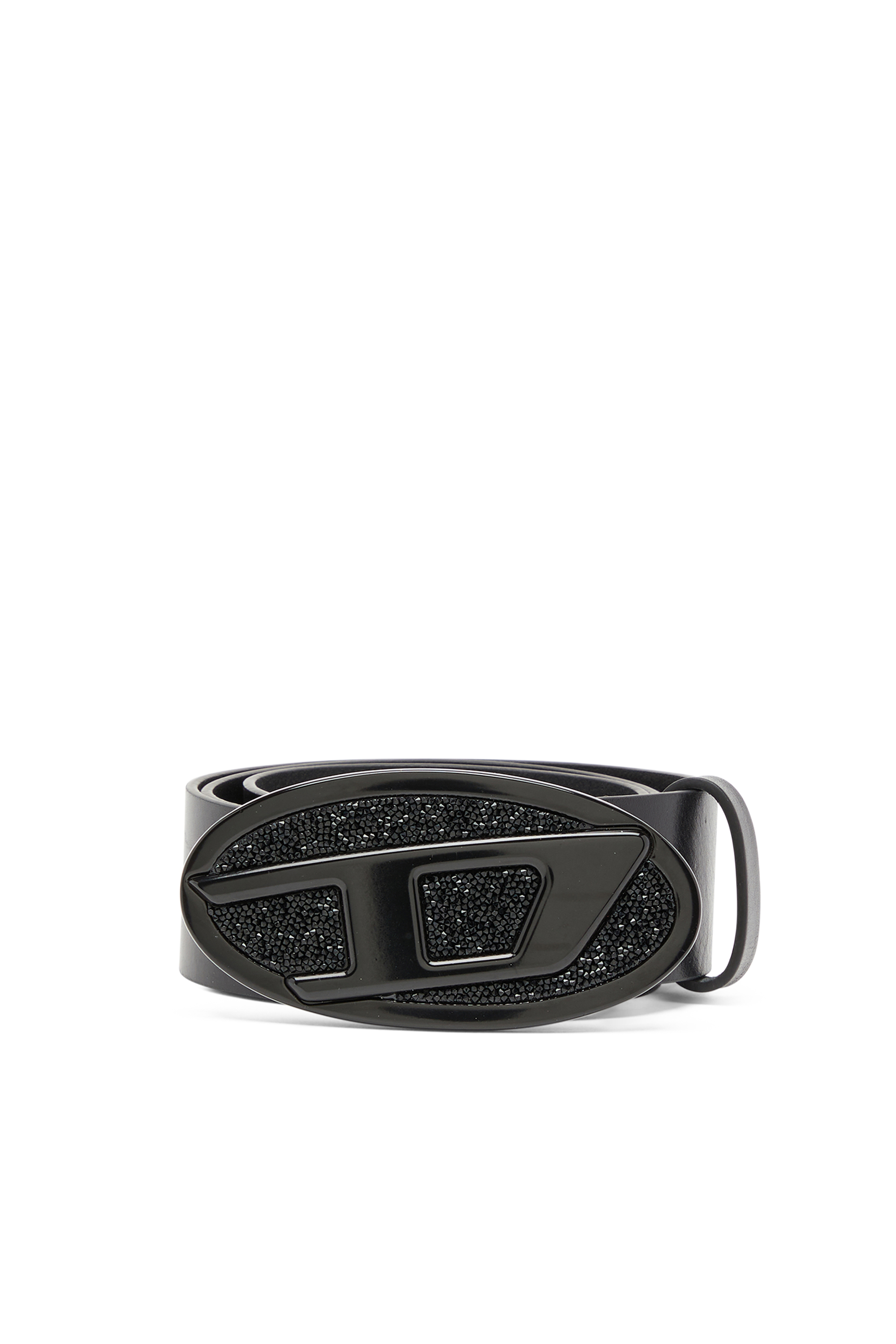 Diesel Women's Black - 4Cm Leather Belt With Rhinestone Oval D Buckle - Belts - Woman Size 75
