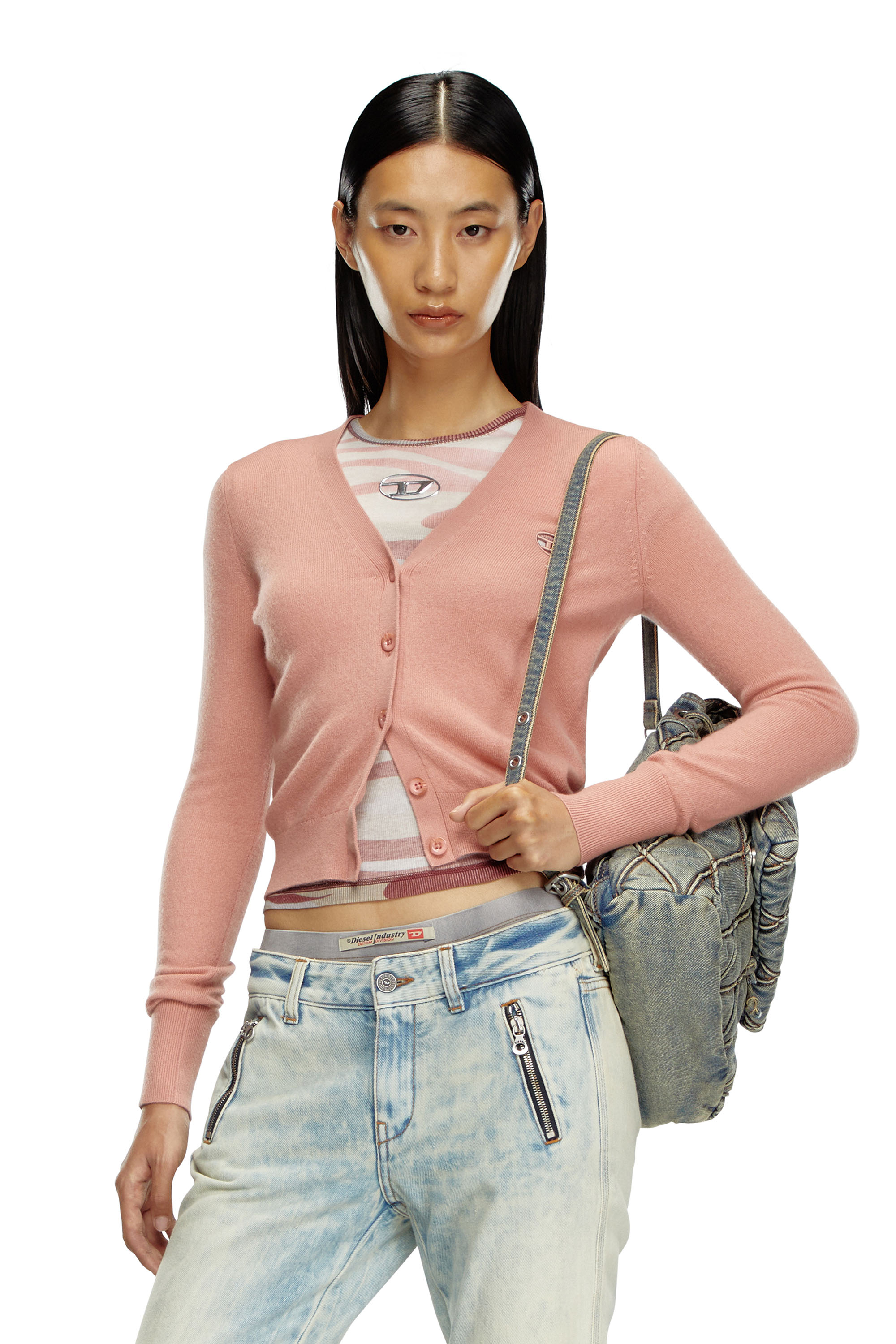 Shop Diesel Cardigan In Lana E Cotone In Pink