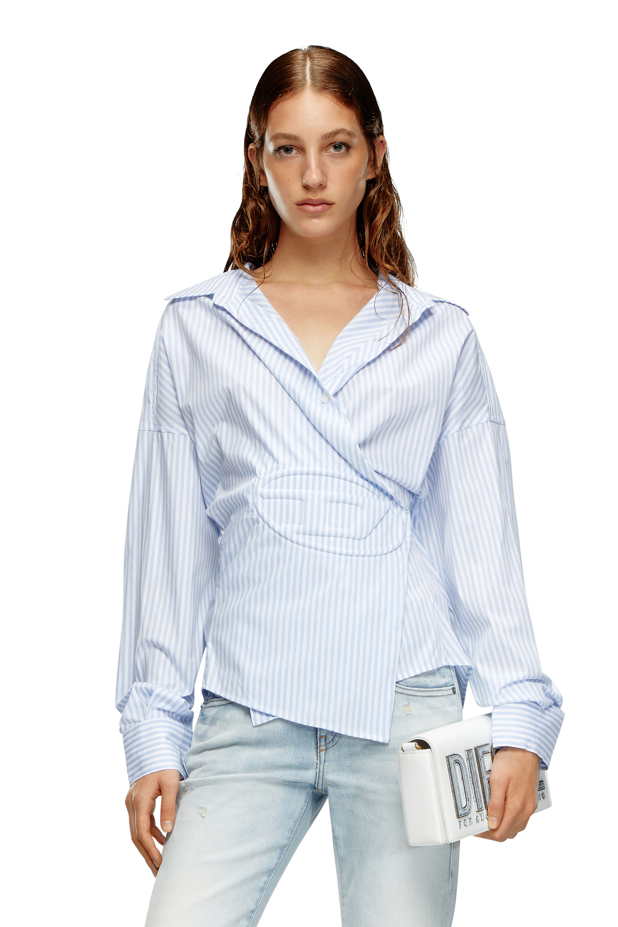 Diesel - Striped wrap shirt with embossed logo - Shirts - Woman - Blue